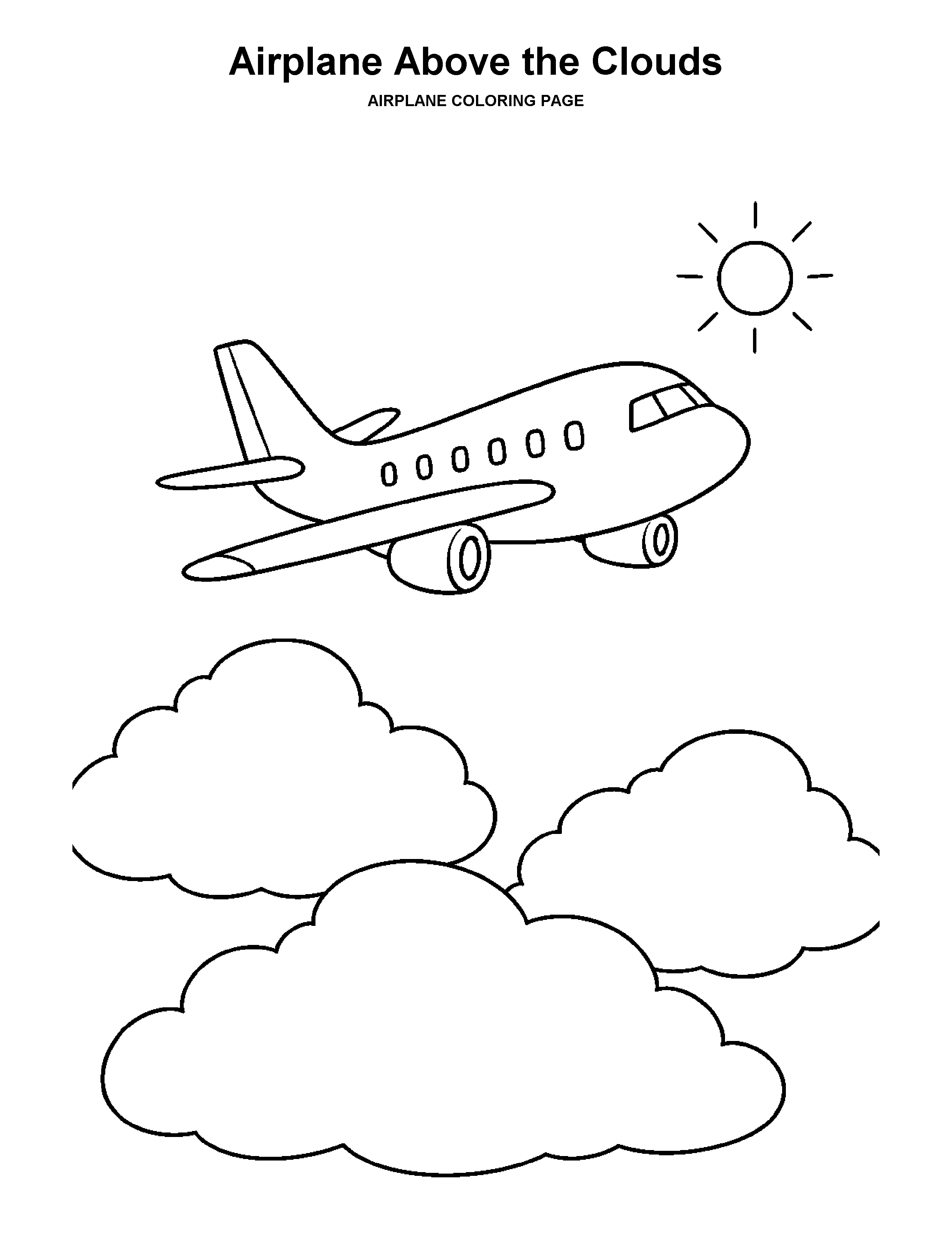 Airplane Above the Clouds coloring page: A small passenger airplane glides among large soft clouds.