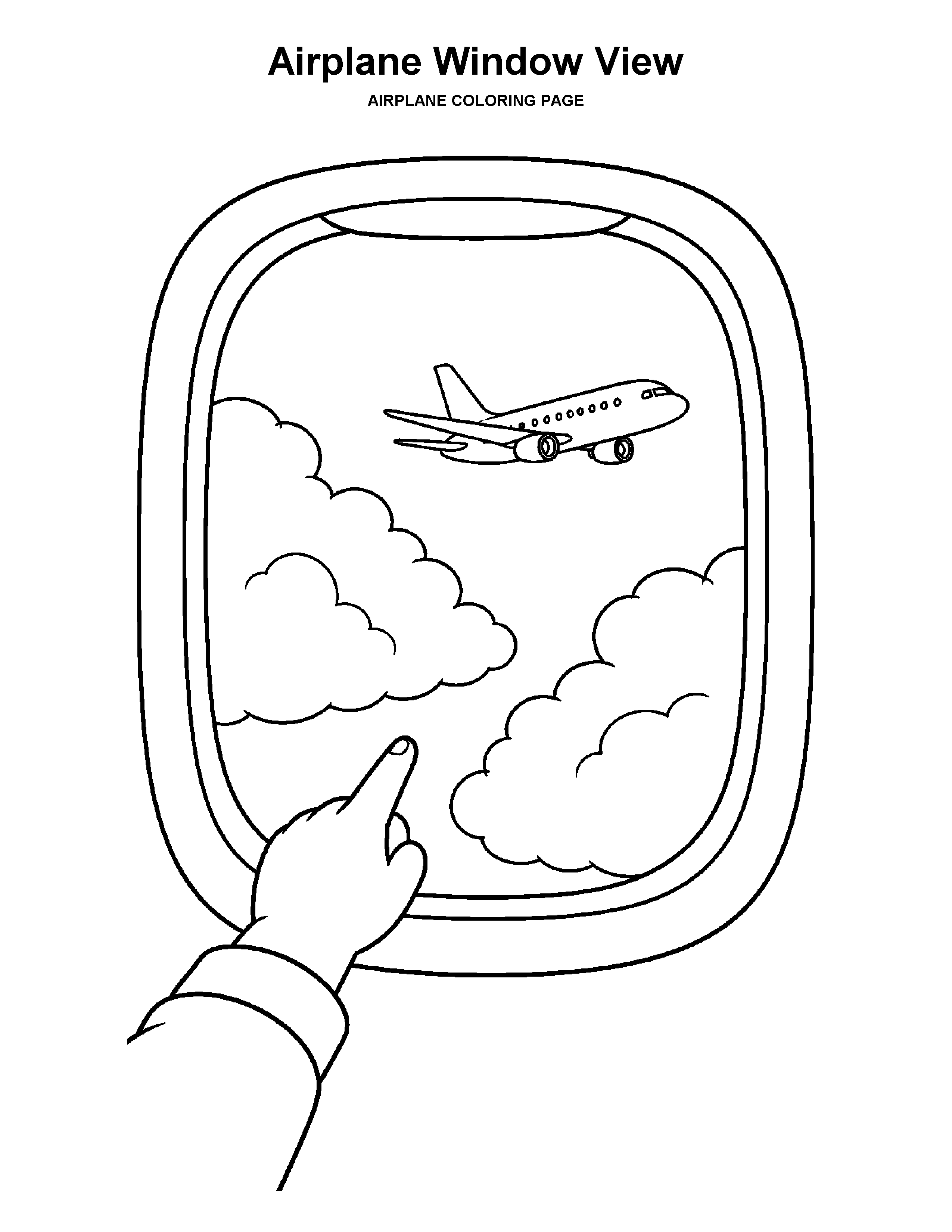 Airplane Window View coloring page: A child points at an airplane outside the cabin window.