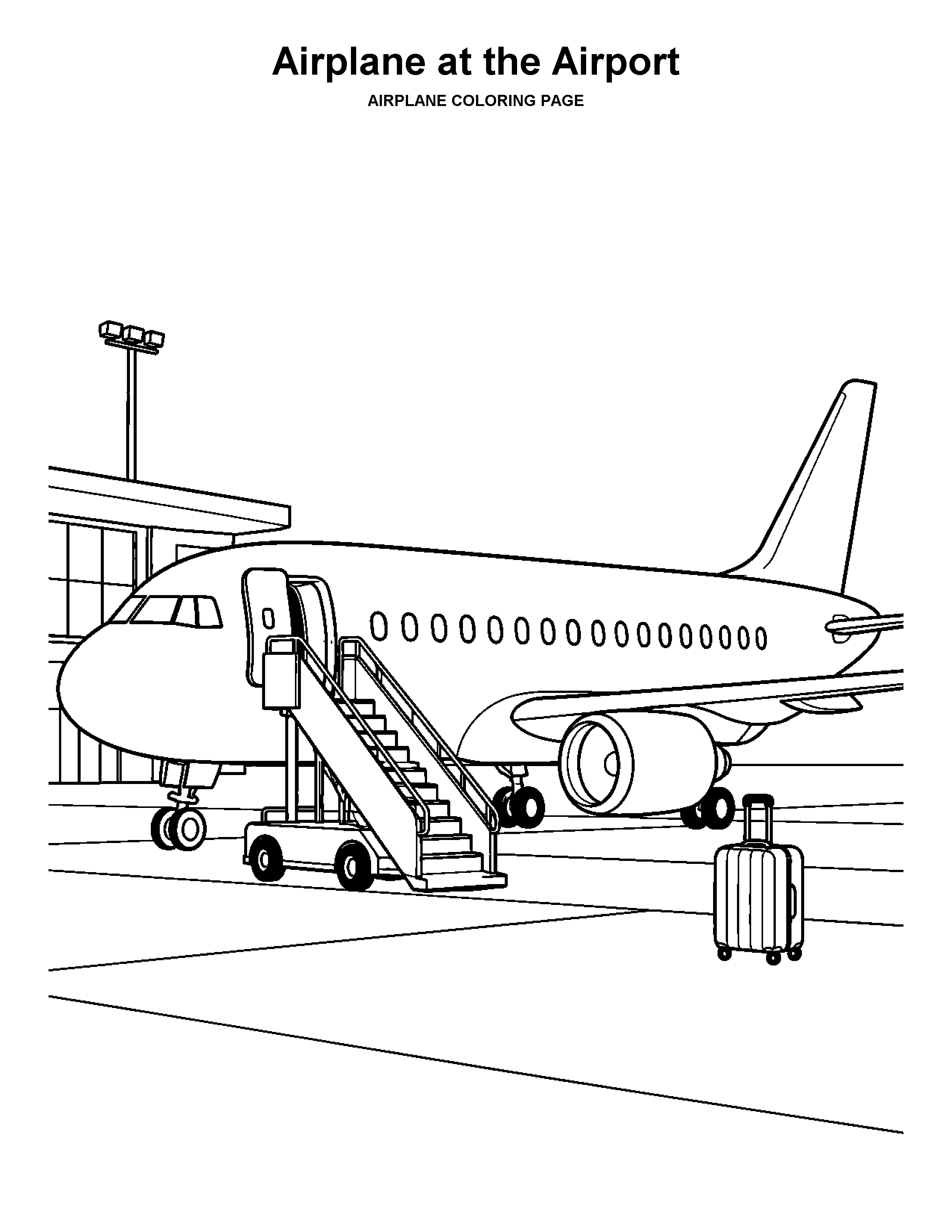 Airplane at the Airport coloring page: A passenger airplane waits beside a boarding staircase.