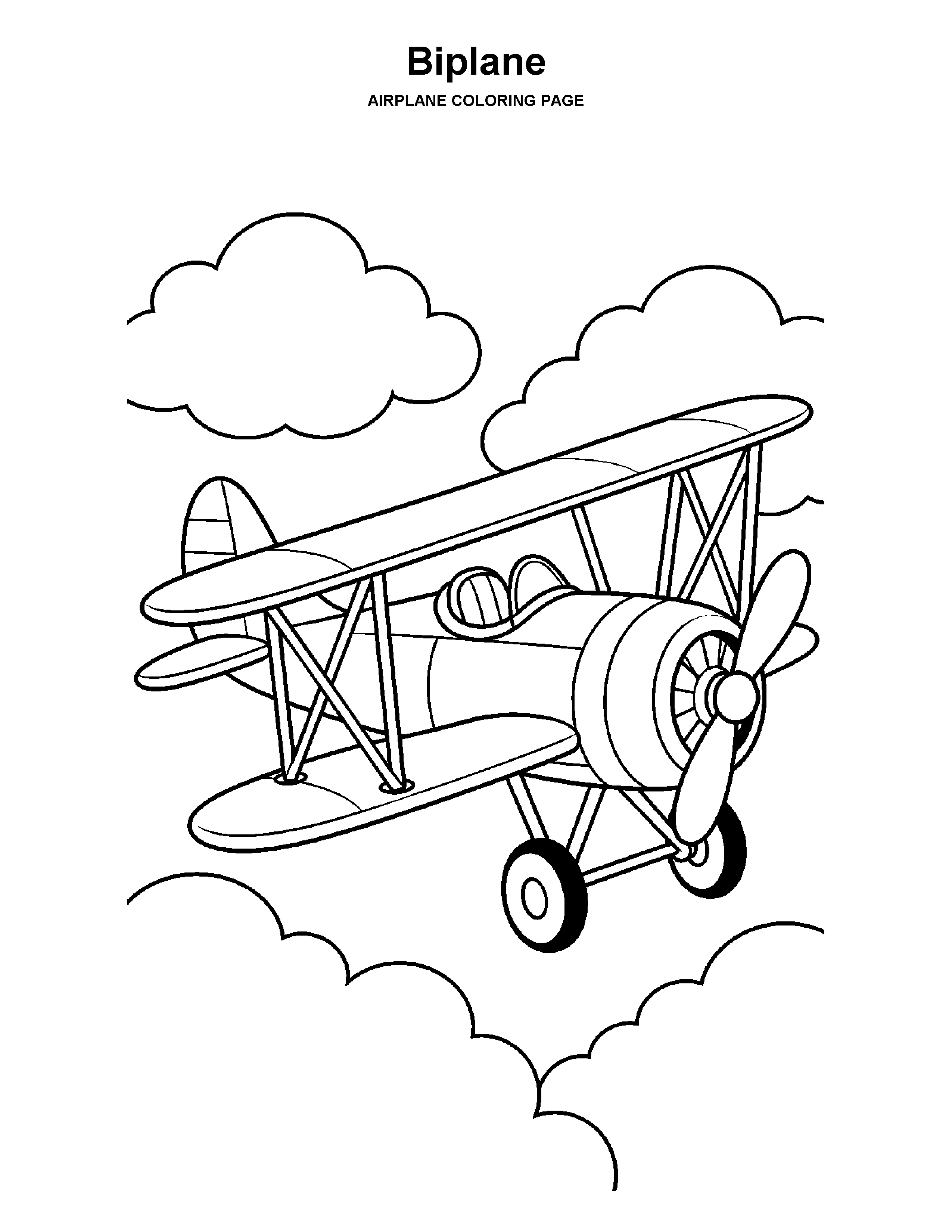 Biplane coloring page: A vintage biplane with two stacked wings passes through the clouds.