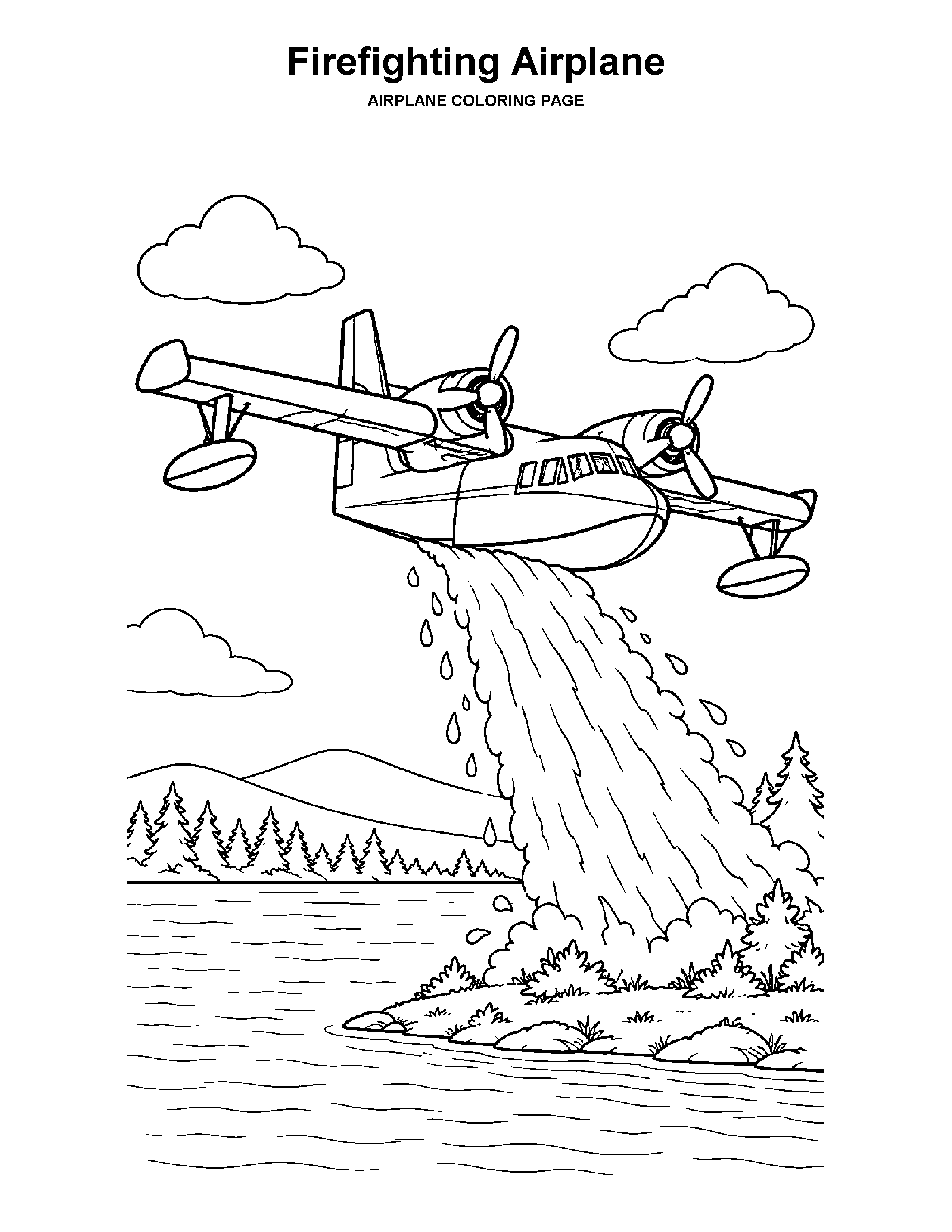Firefighting Airplane coloring page: A water bomber releases water over a quiet lakeside forest.