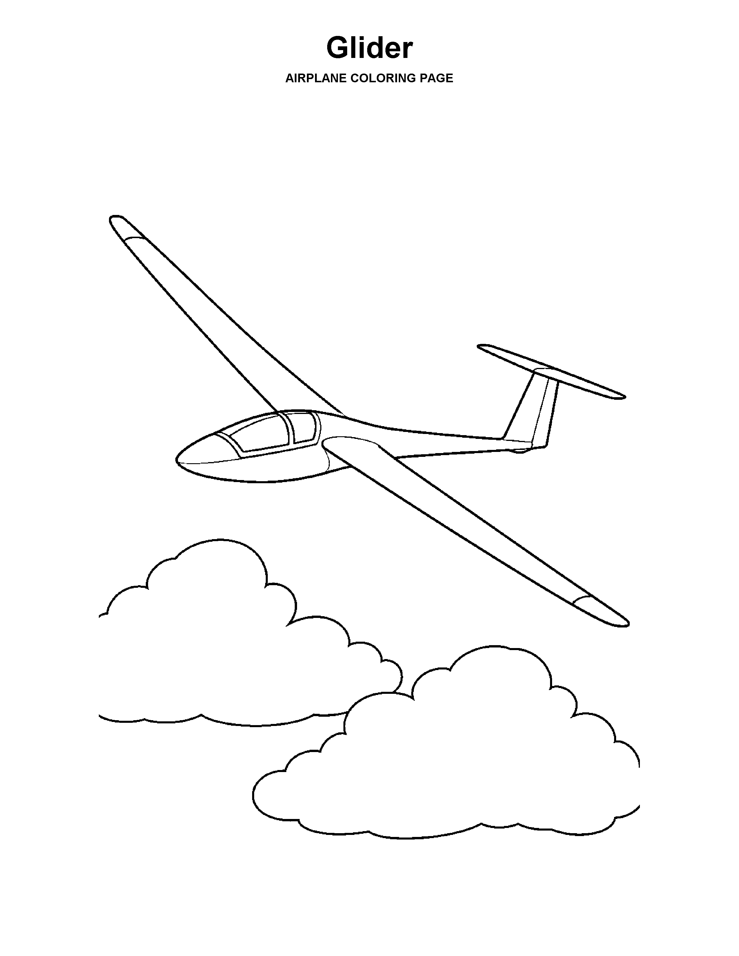 Glider coloring page: A long-wing glider sails above a pair of large clouds.