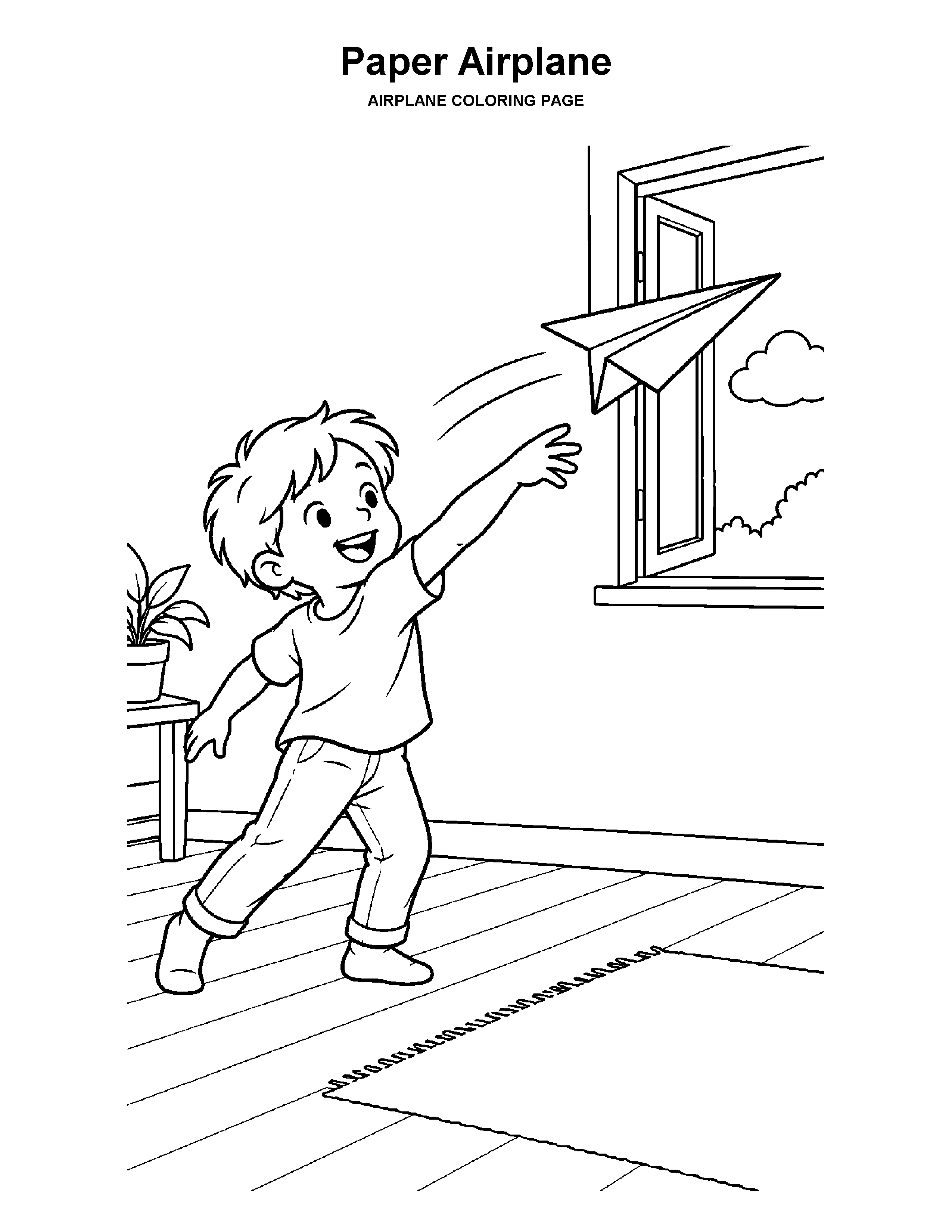 Paper Airplane coloring page: A child launches a folded paper airplane toward an open window.
