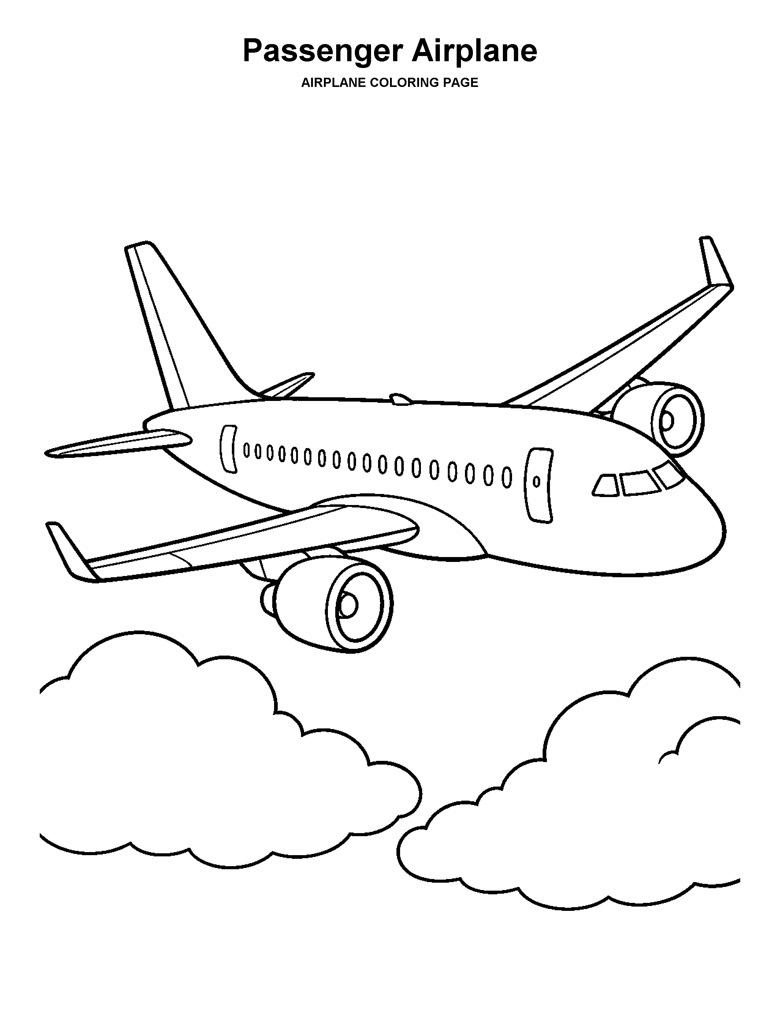 Passenger Airplane coloring page: A friendly passenger airplane flies above a broad bank of clouds.