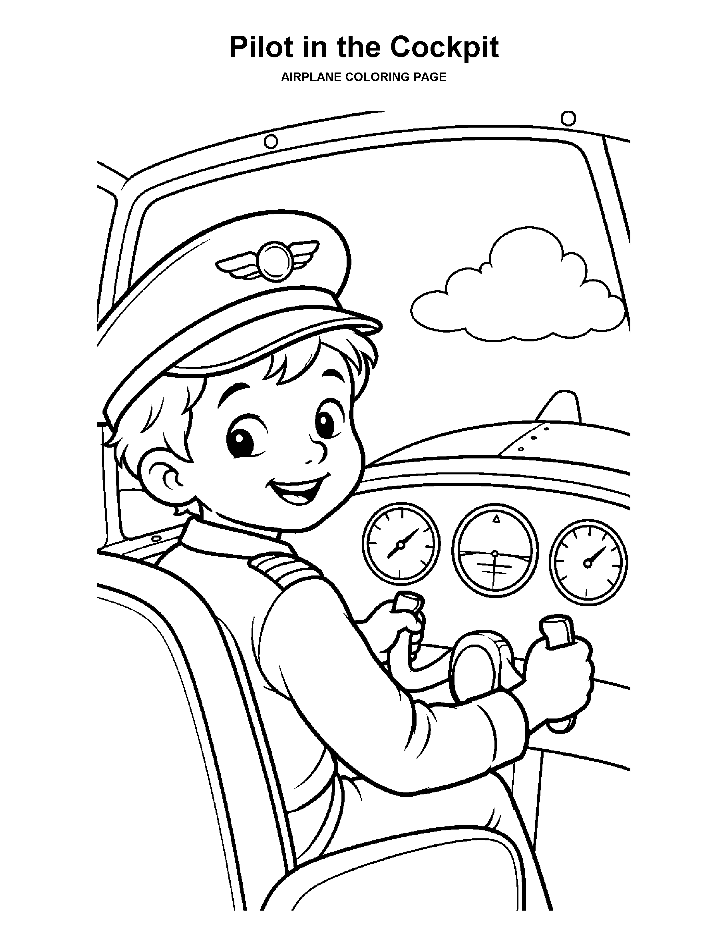 Pilot in the Cockpit coloring page: A young pilot smiles while holding the airplane controls.