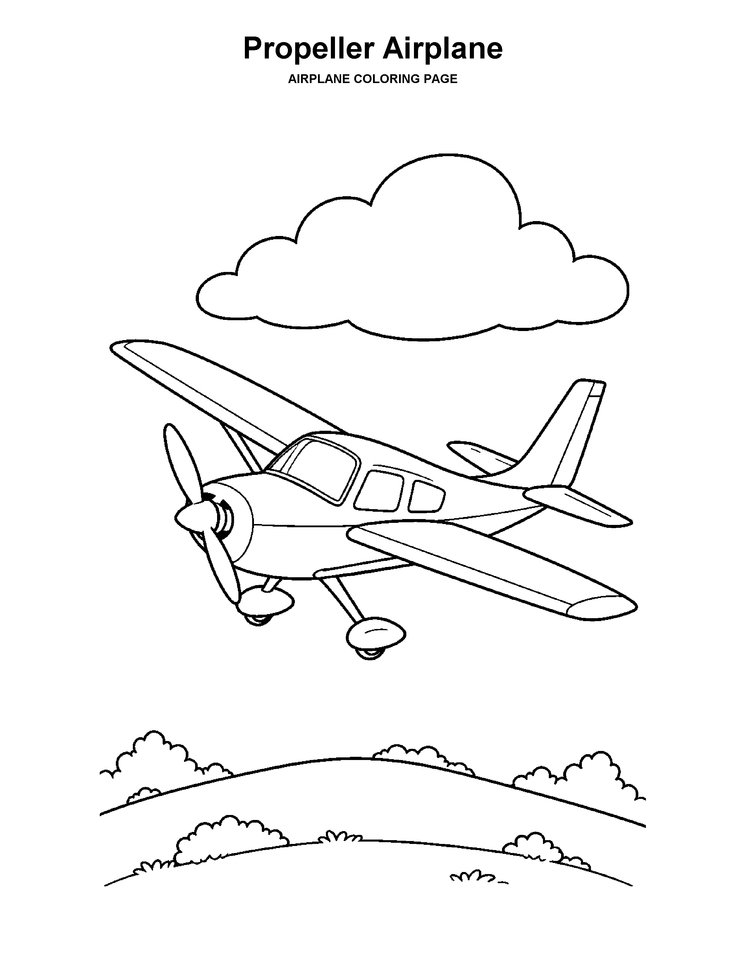 Propeller Airplane coloring page: A small single-engine airplane flies over rolling hills.
