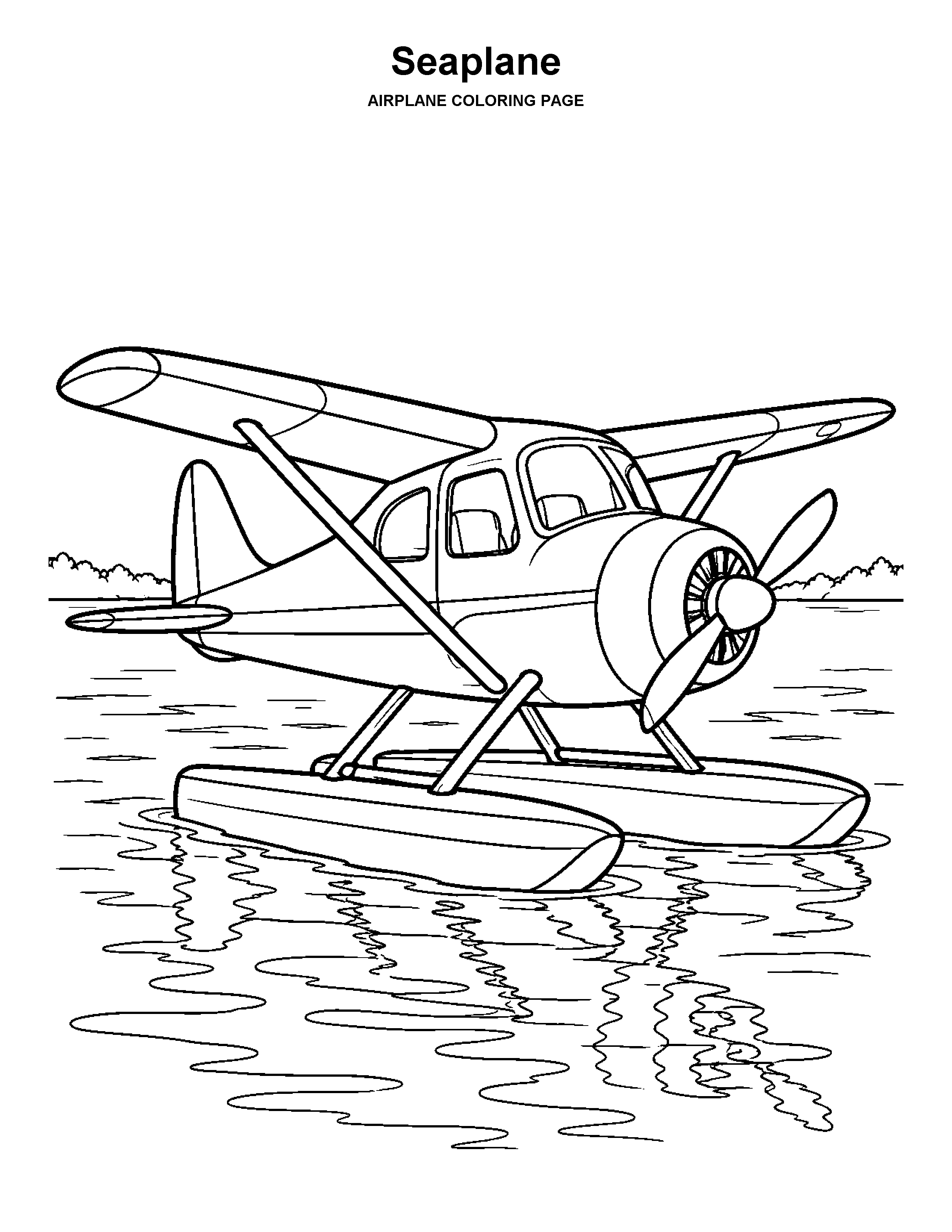 Seaplane coloring page: A float-equipped airplane rests on a calm lake.