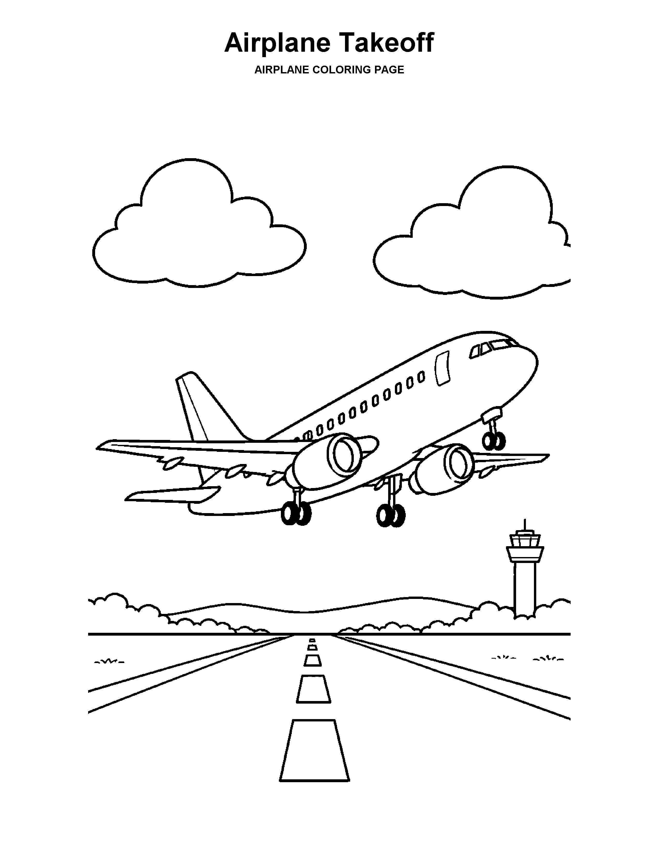 Airplane Takeoff coloring page: A passenger airplane lifts above a simple runway.