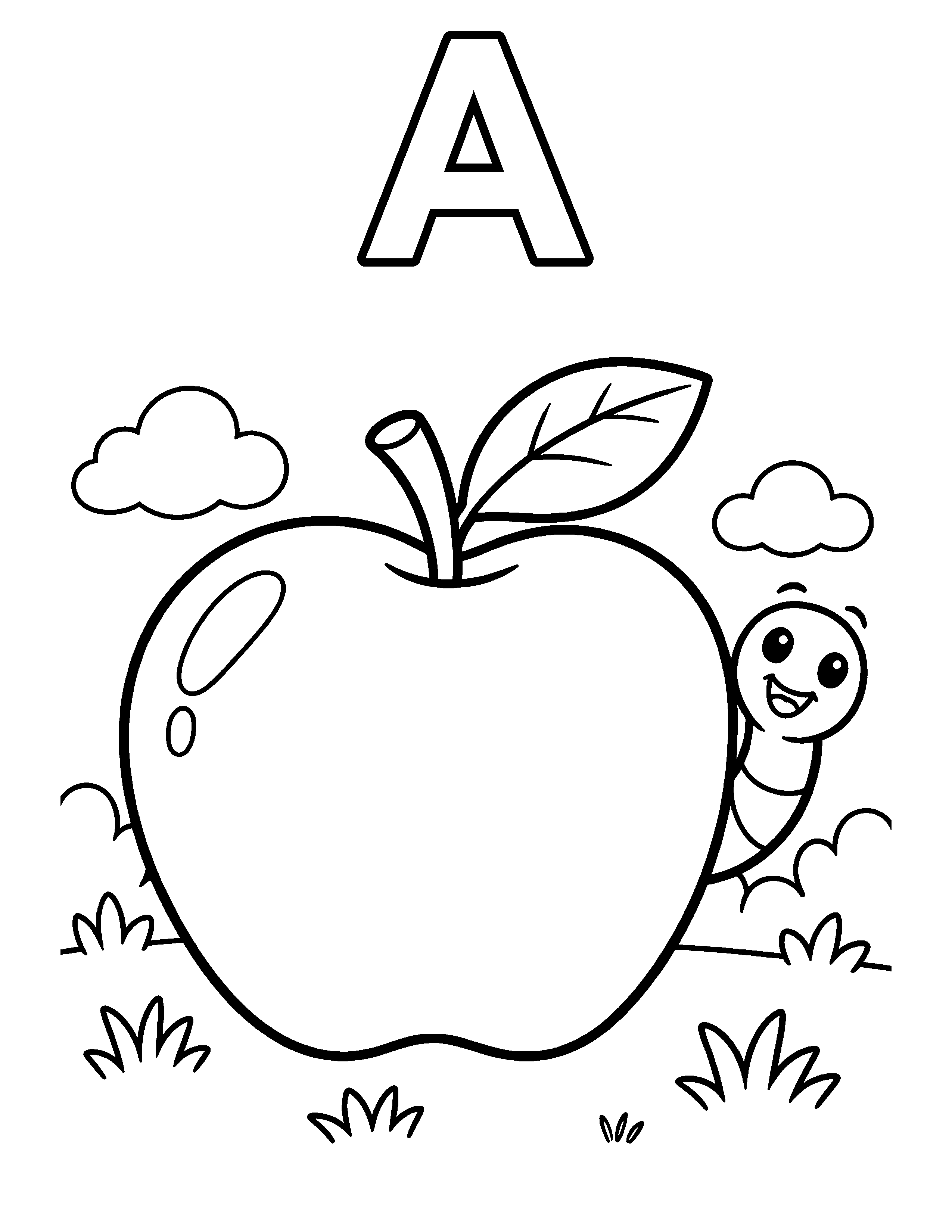 Letter A Apple black-and-white coloring page
