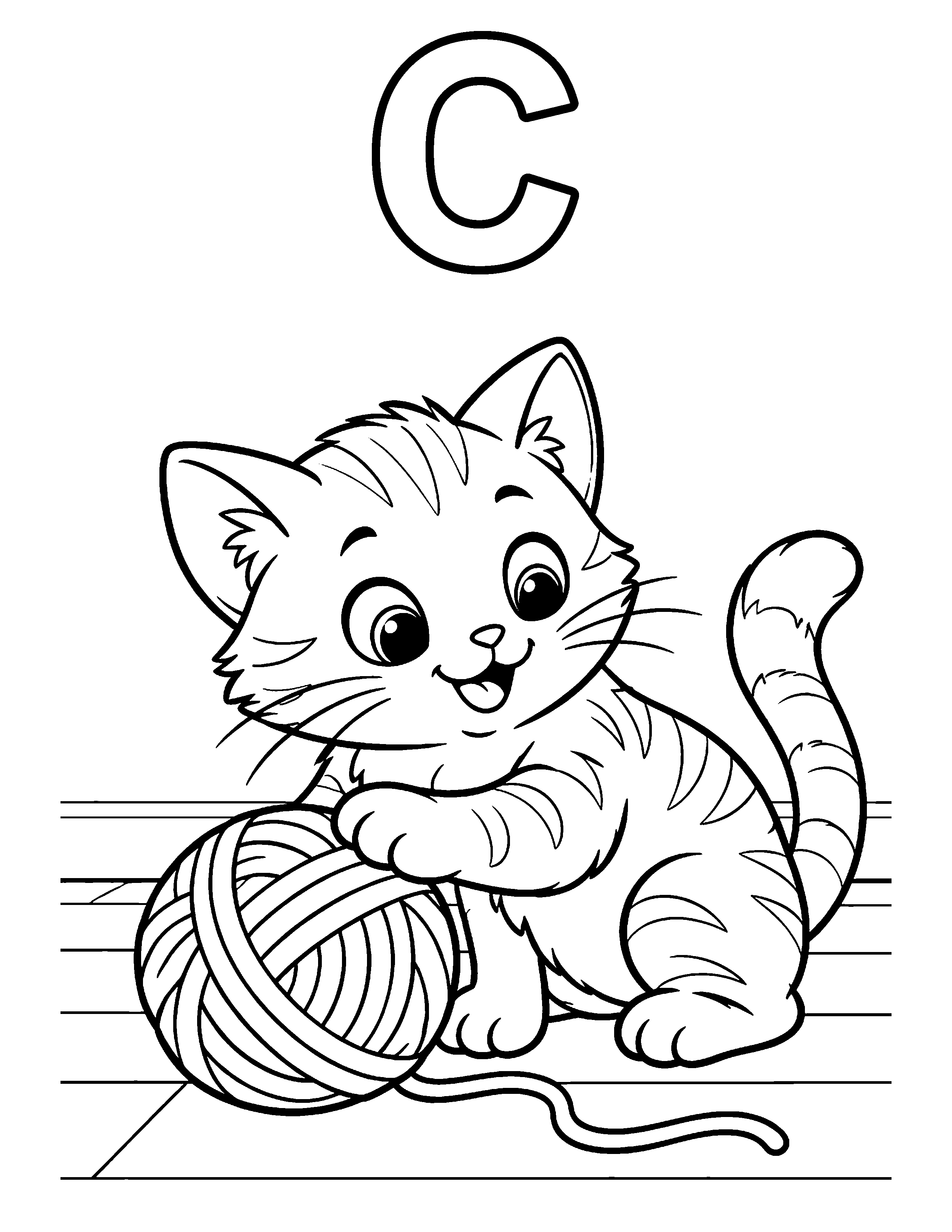 Letter C Cat black-and-white coloring page