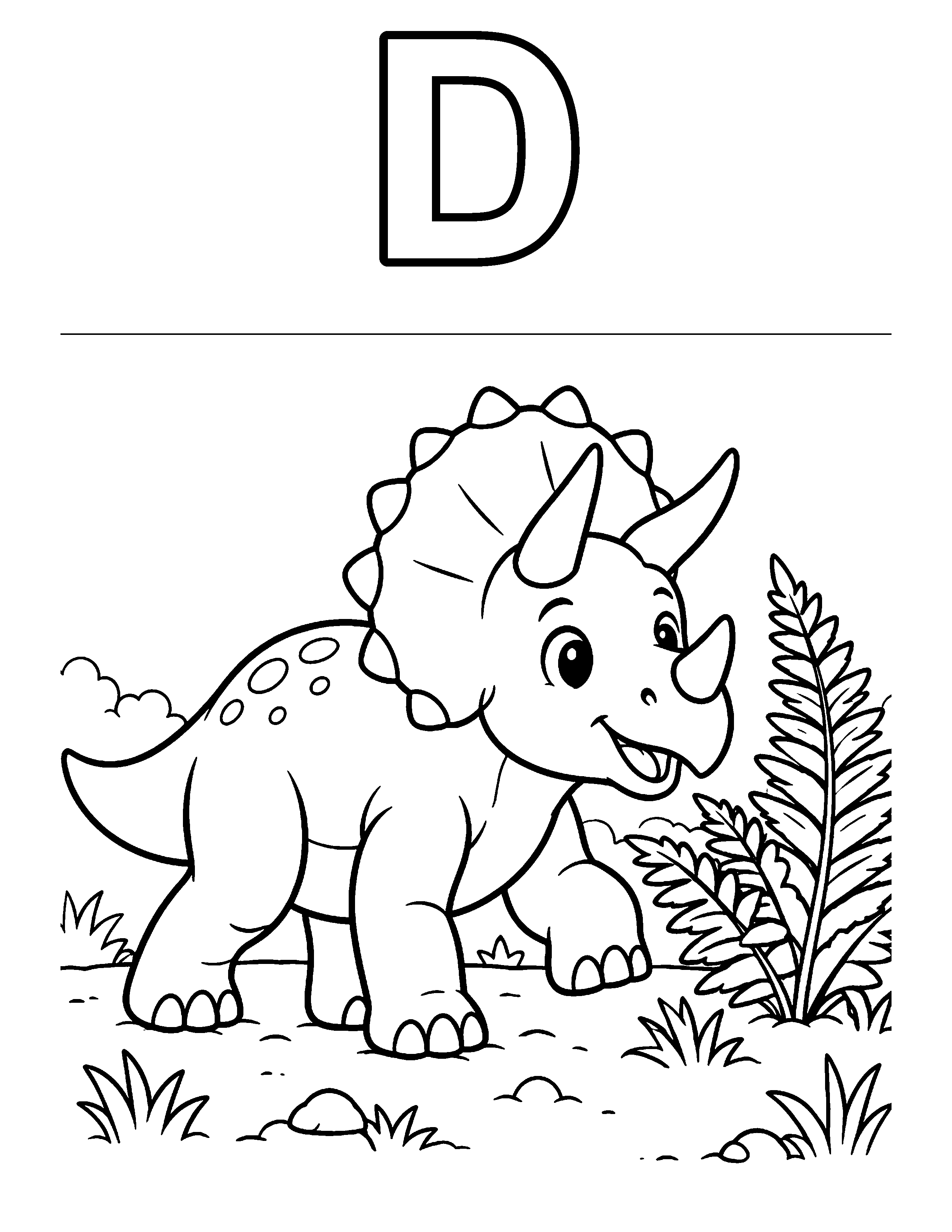 Letter D Dinosaur black-and-white coloring page