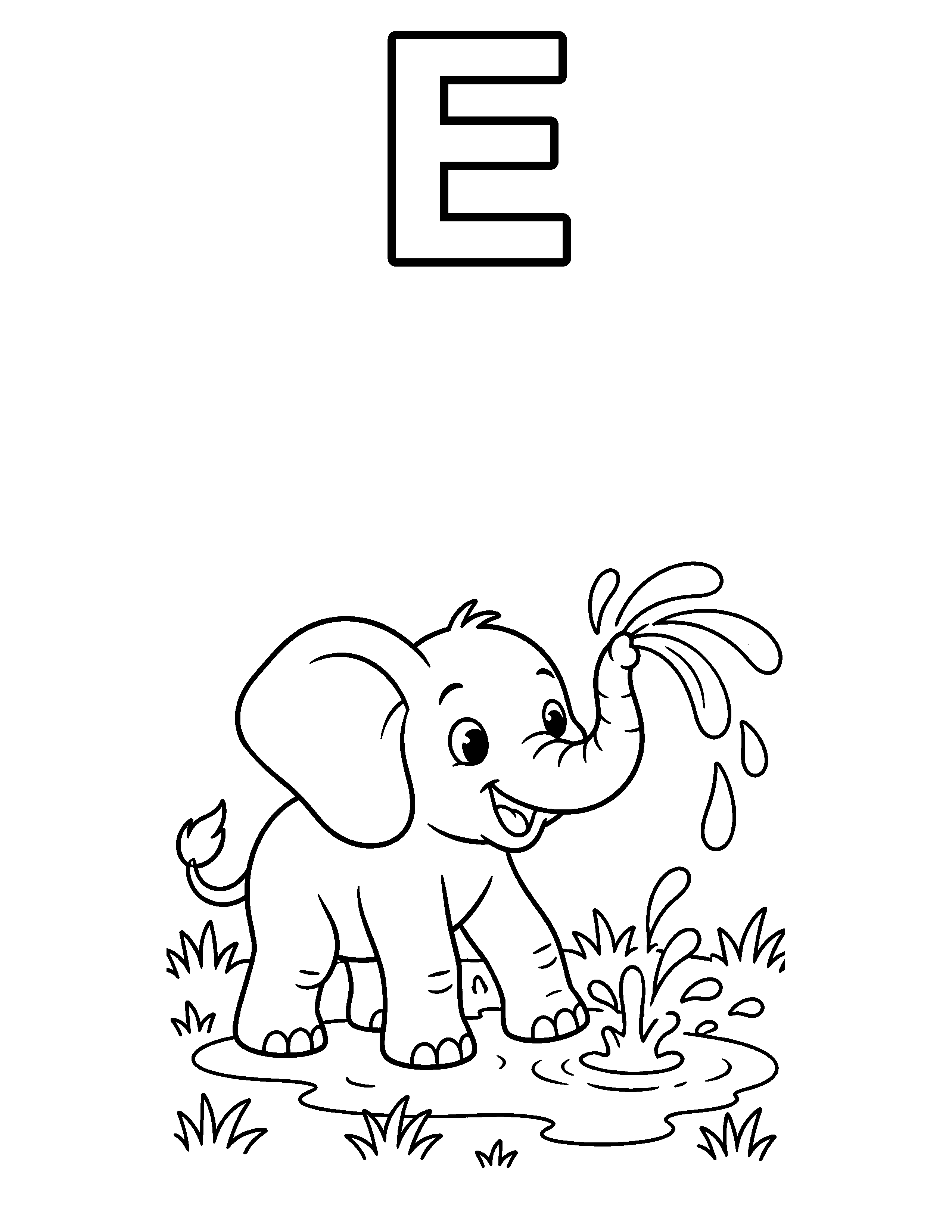Letter E Elephant black-and-white coloring page