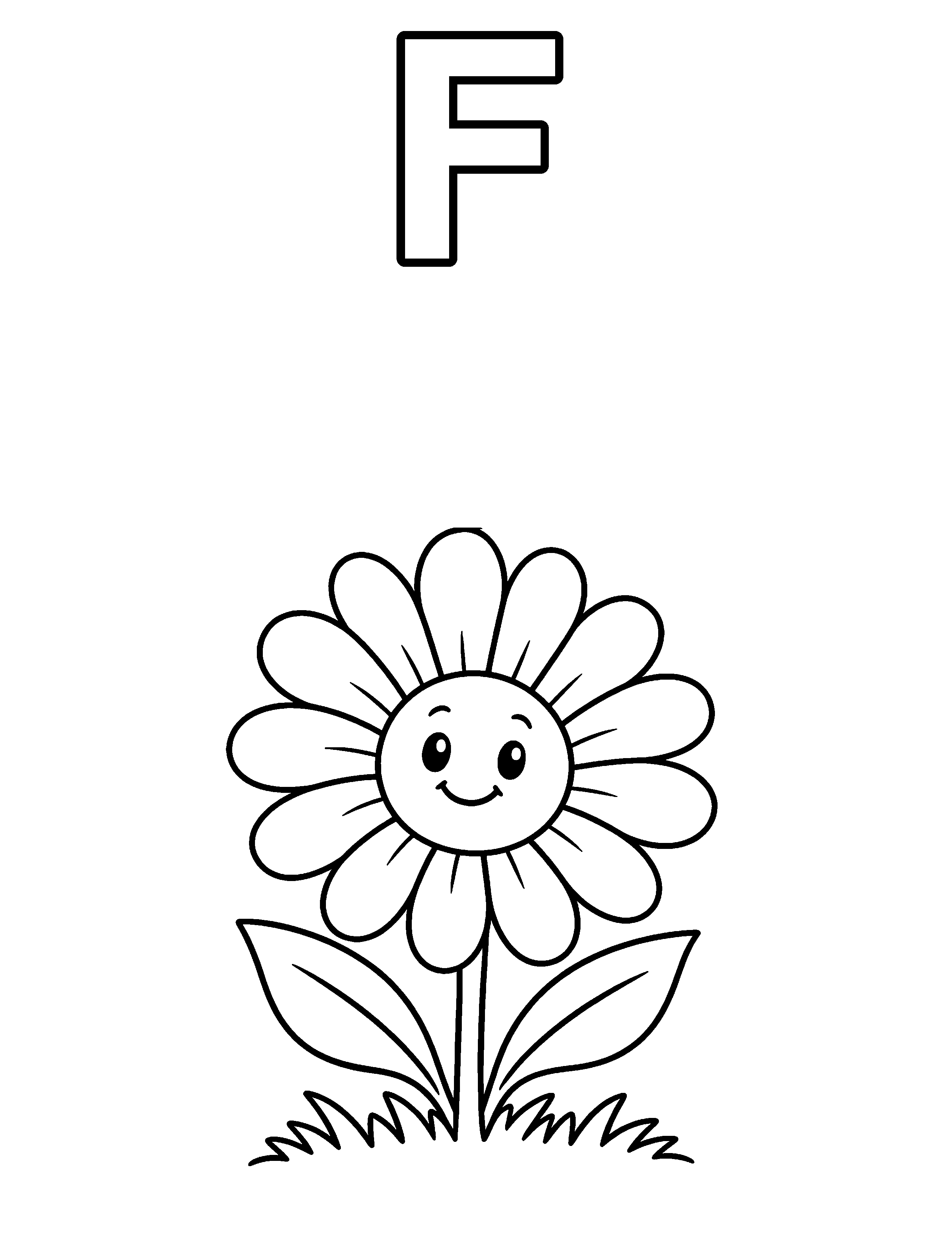 Letter F Flower black-and-white coloring page