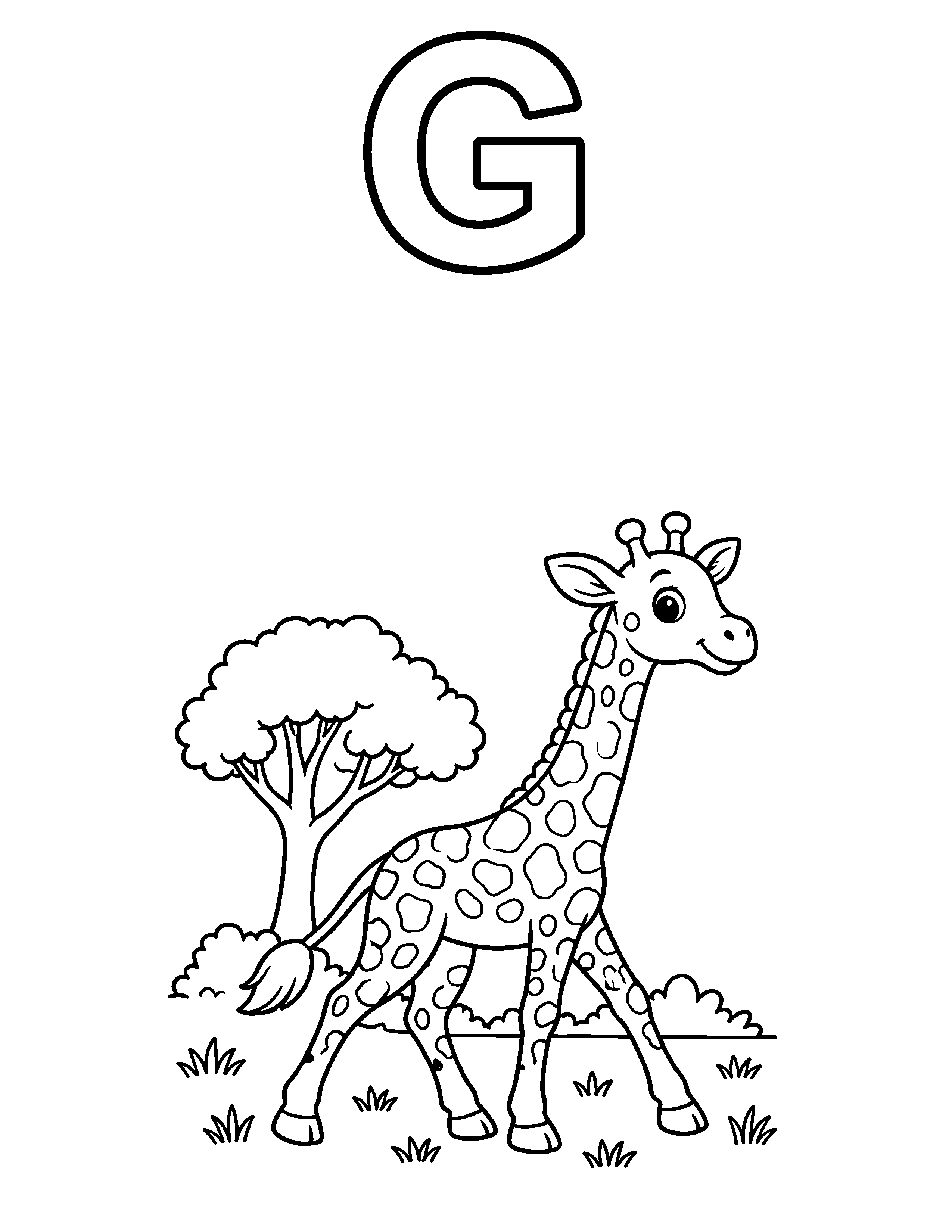 Letter G Giraffe black-and-white coloring page