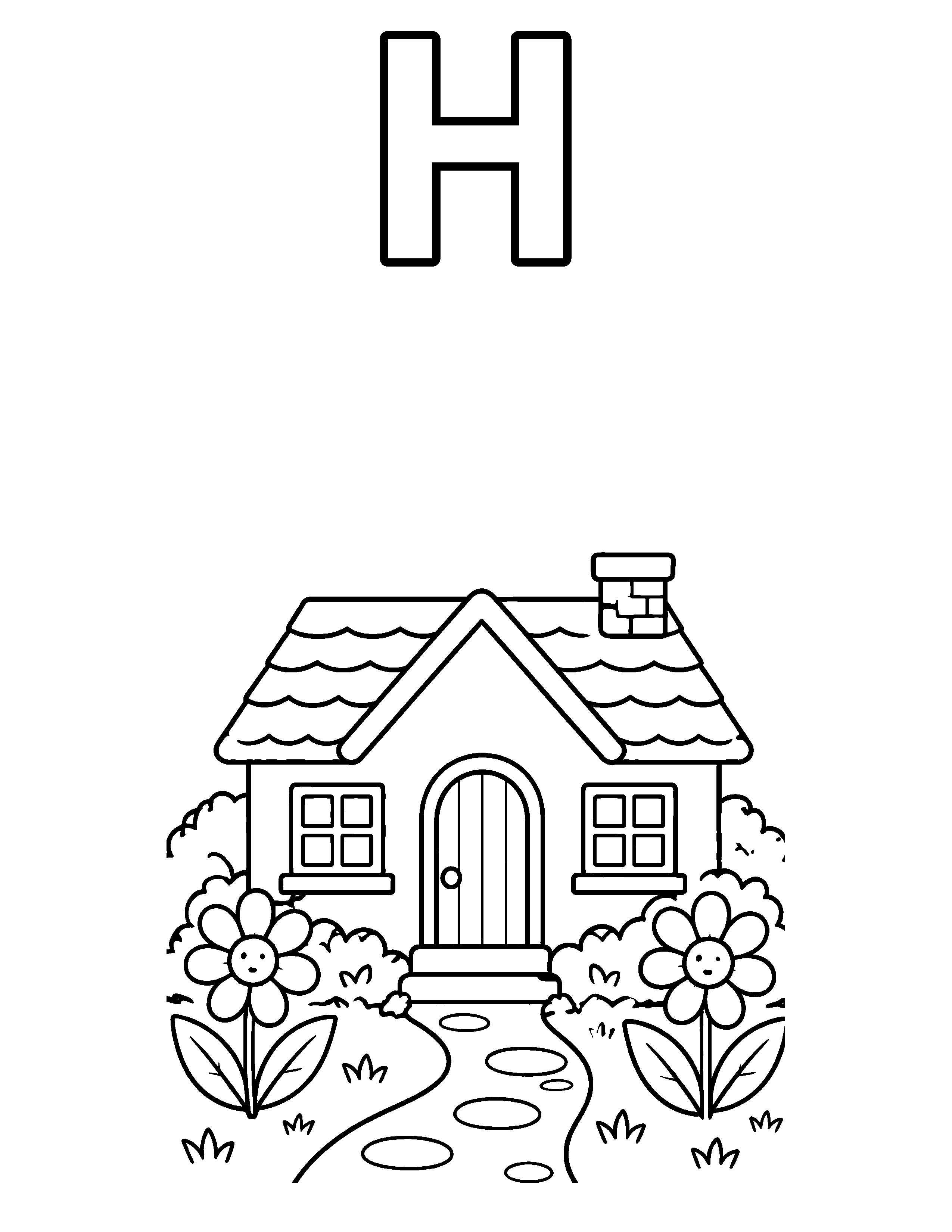 Letter H House black-and-white coloring page