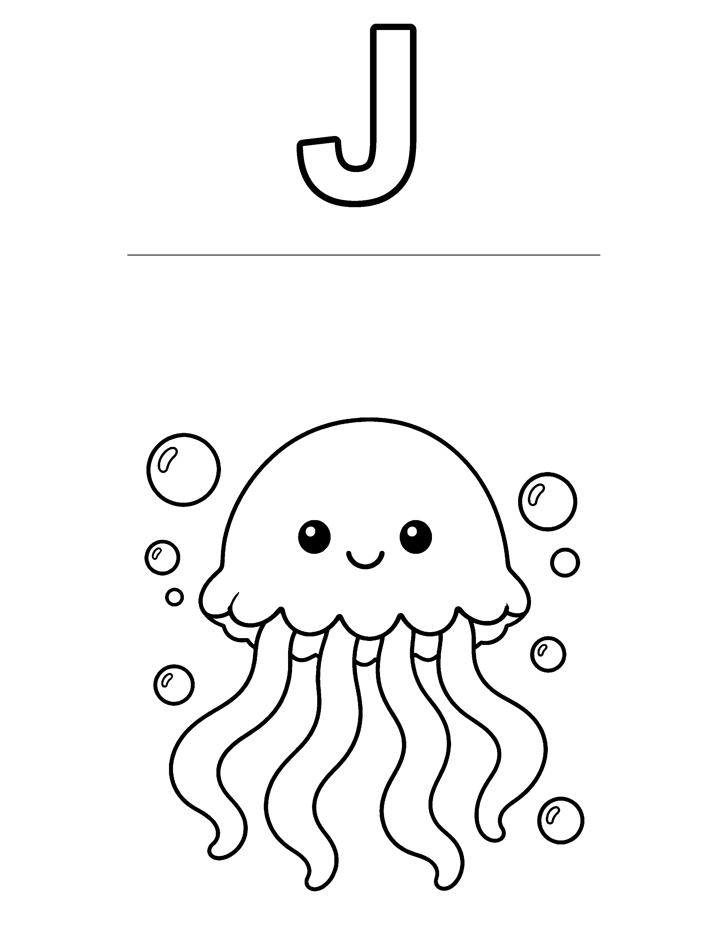 Letter J Jellyfish black-and-white coloring page