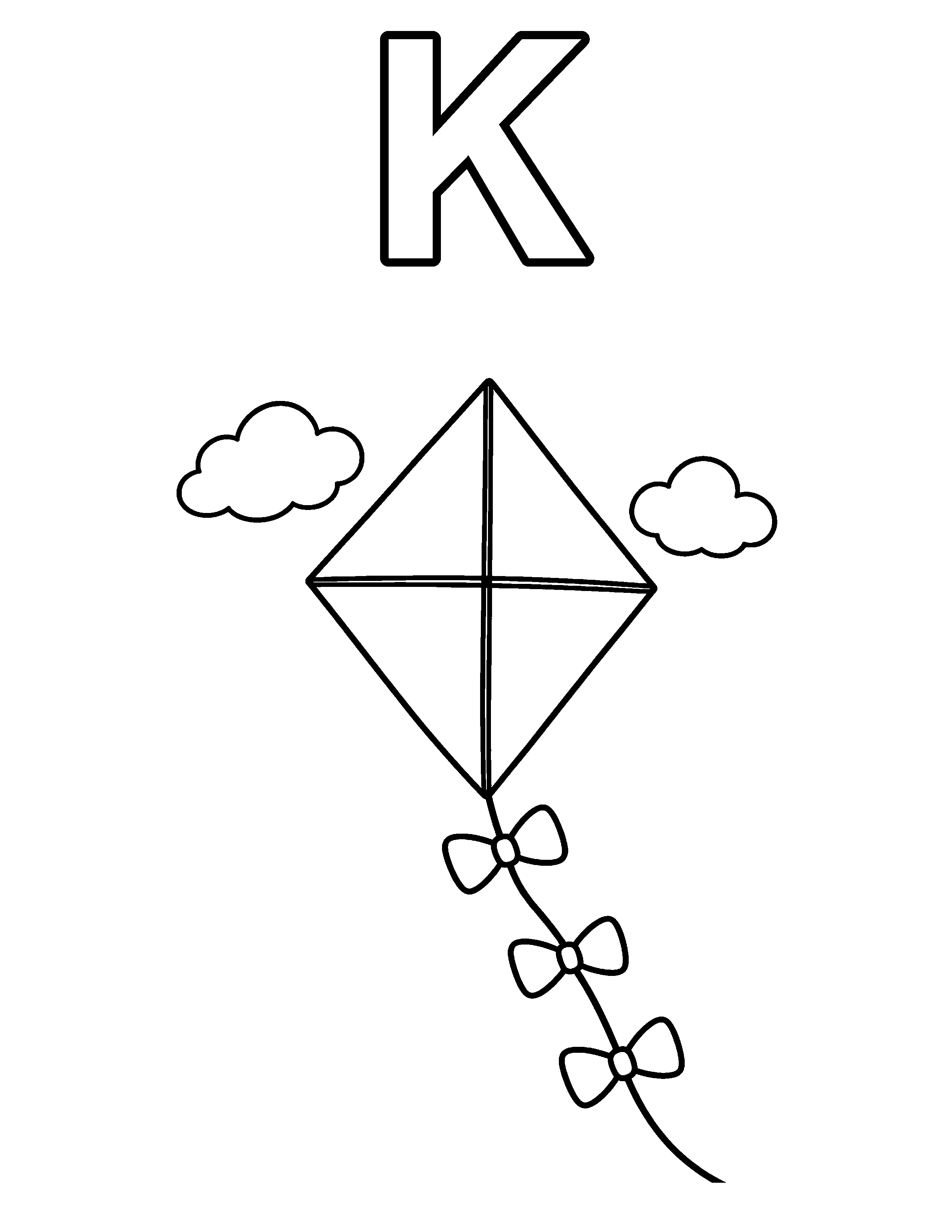 Letter K Kite black-and-white coloring page