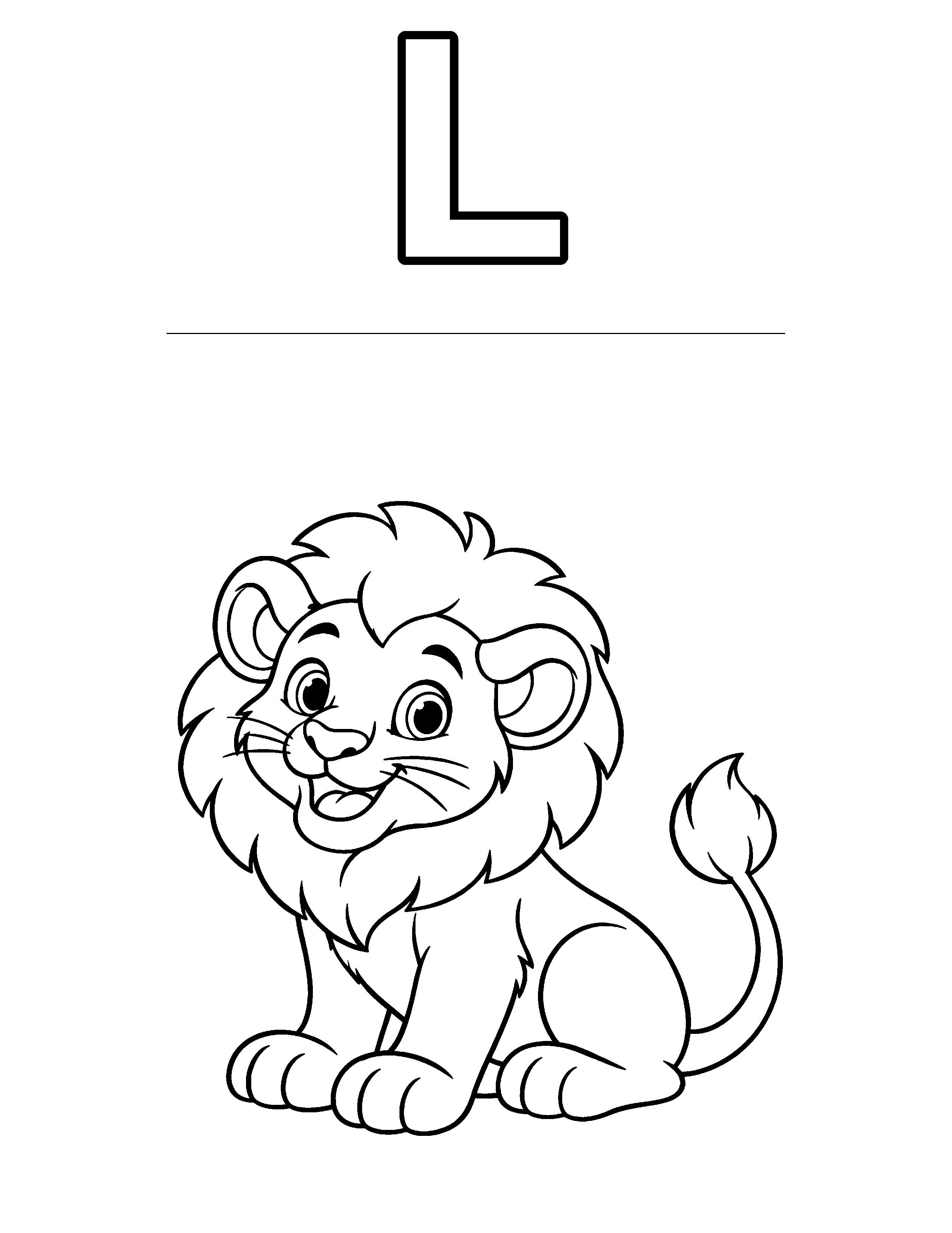 Letter L Lion black-and-white coloring page