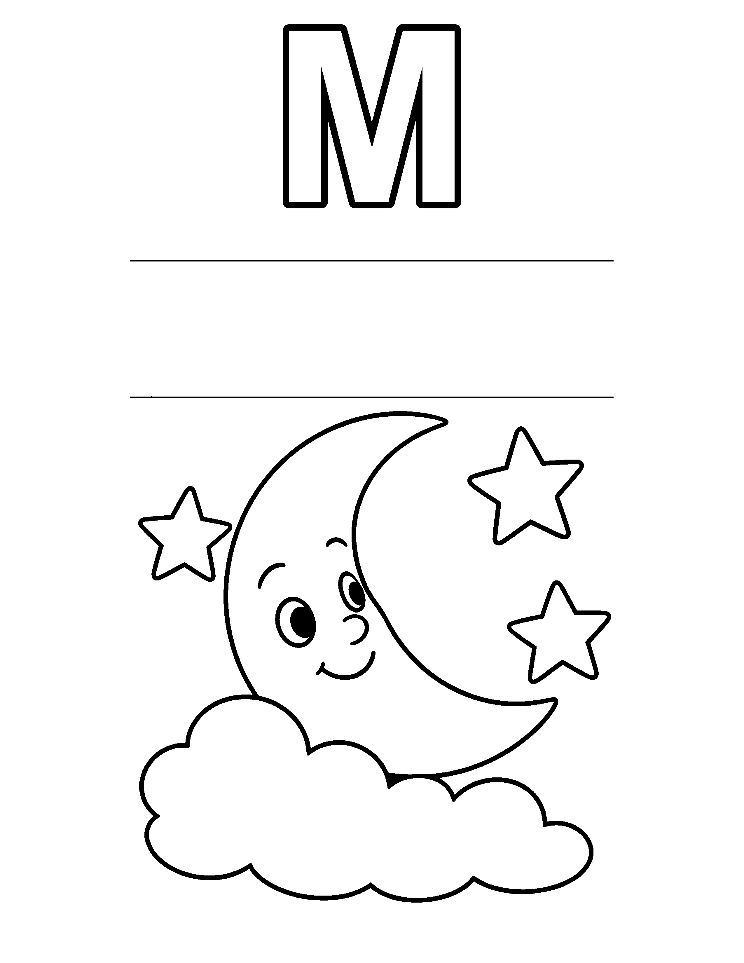 Letter M Moon black-and-white coloring page