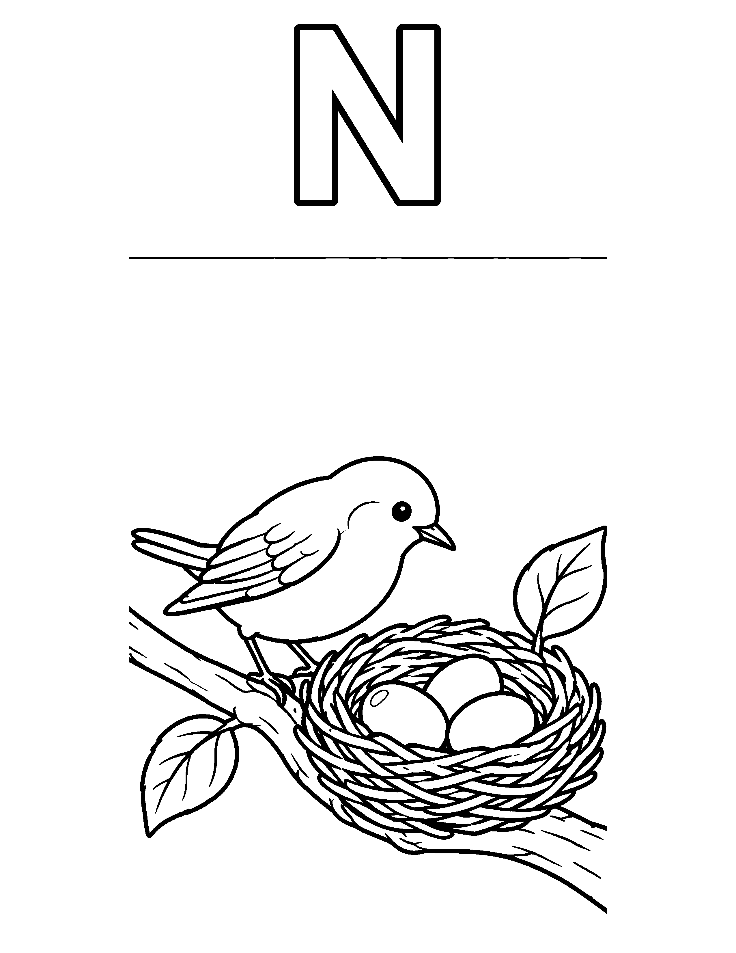 Letter N Nest black-and-white coloring page