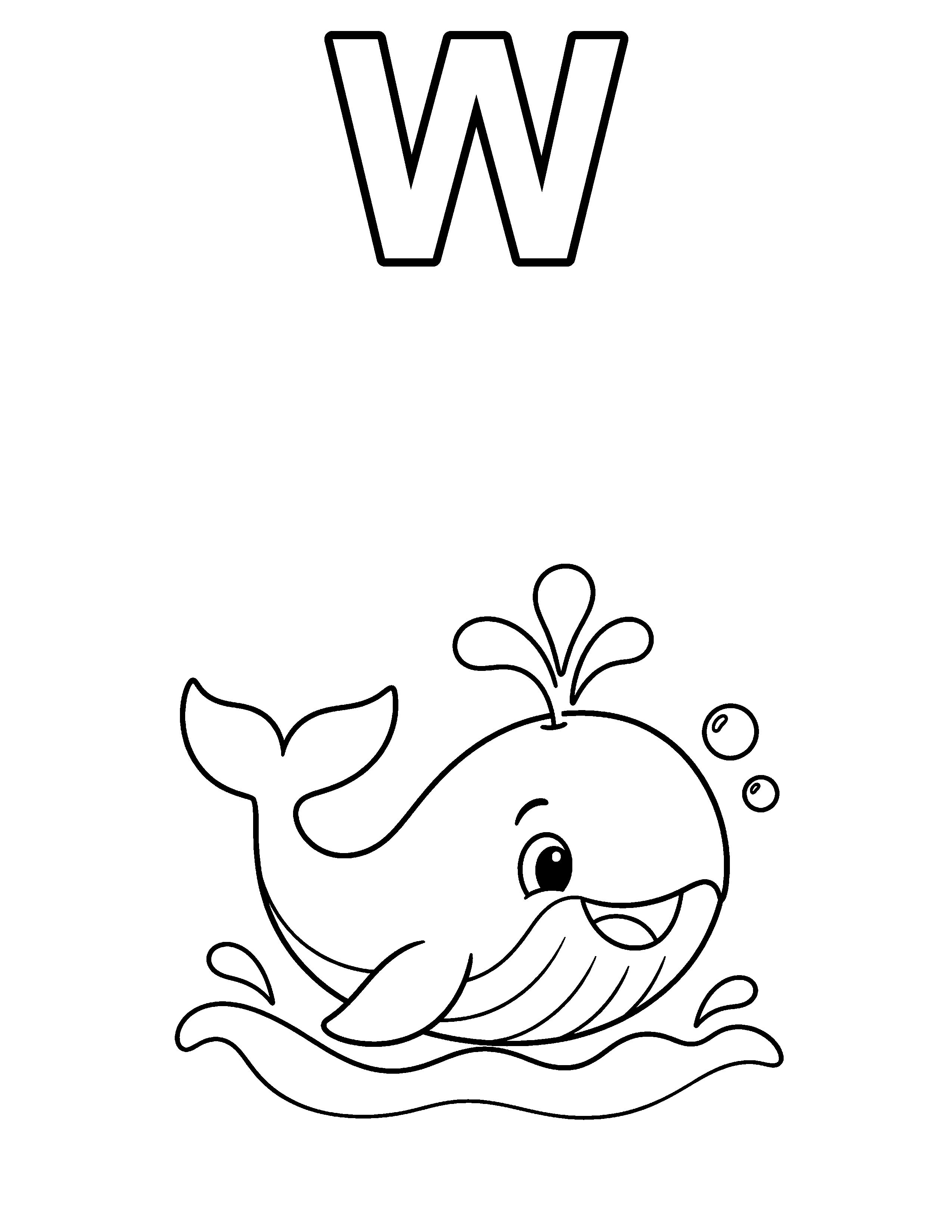 Letter W Whale black-and-white coloring page