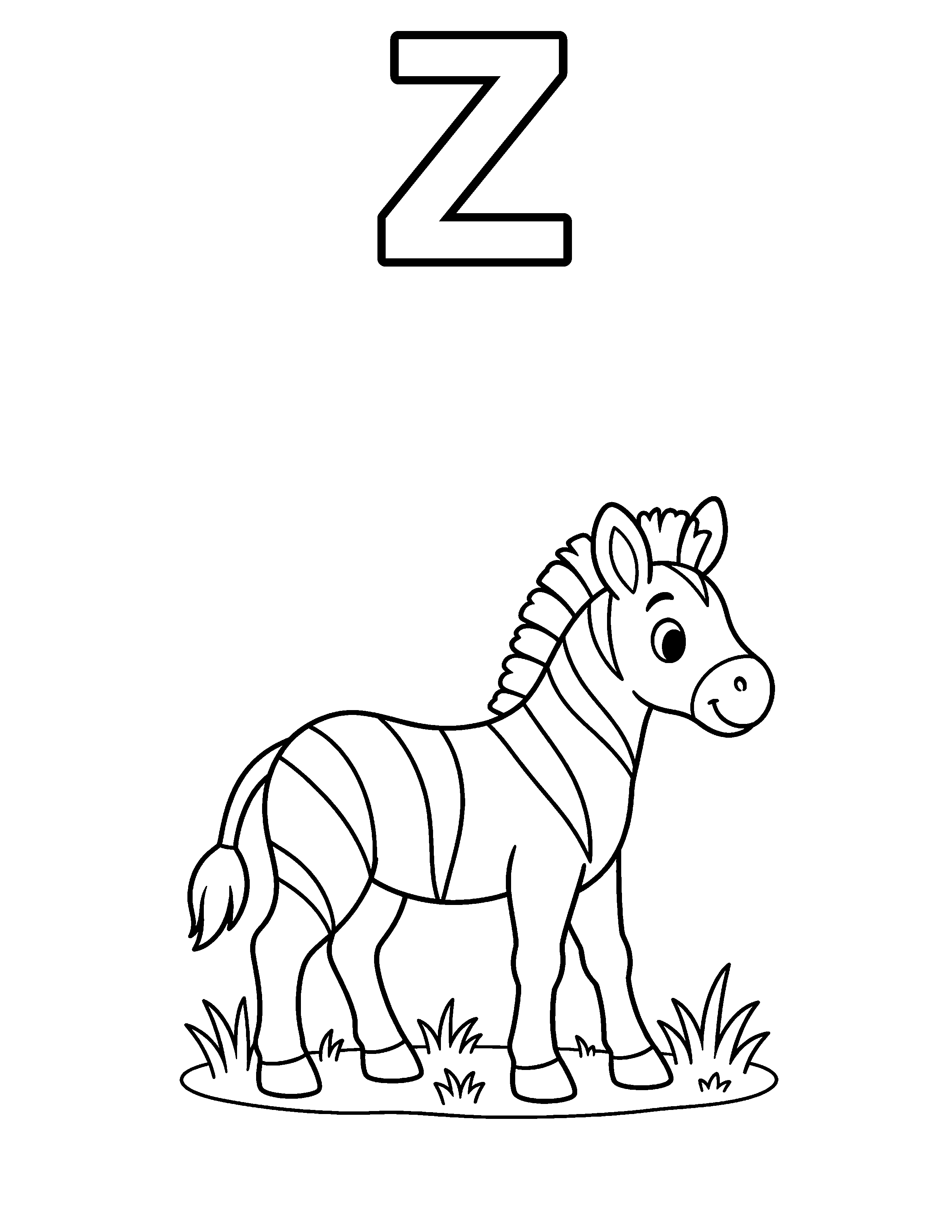 Letter Z Zebra black-and-white coloring page