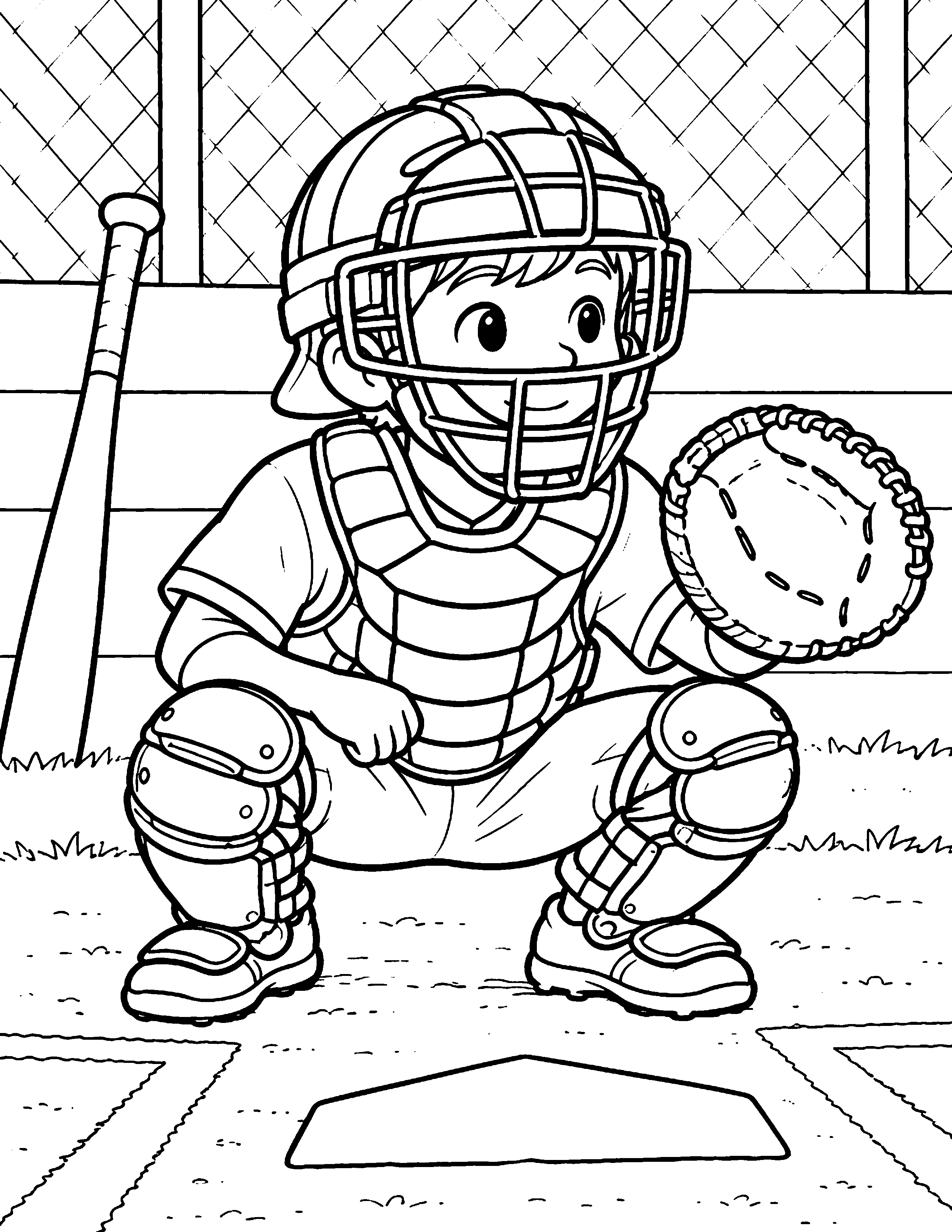 Catcher Ready black-and-white baseball coloring page