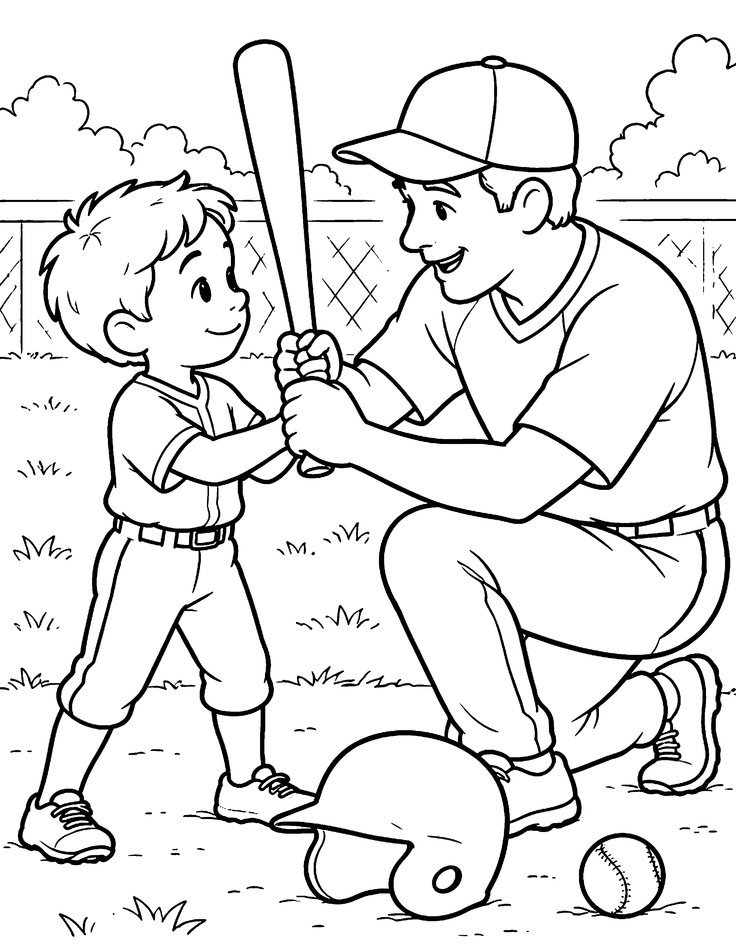 Coach Shows Bat Grip black-and-white baseball coloring page