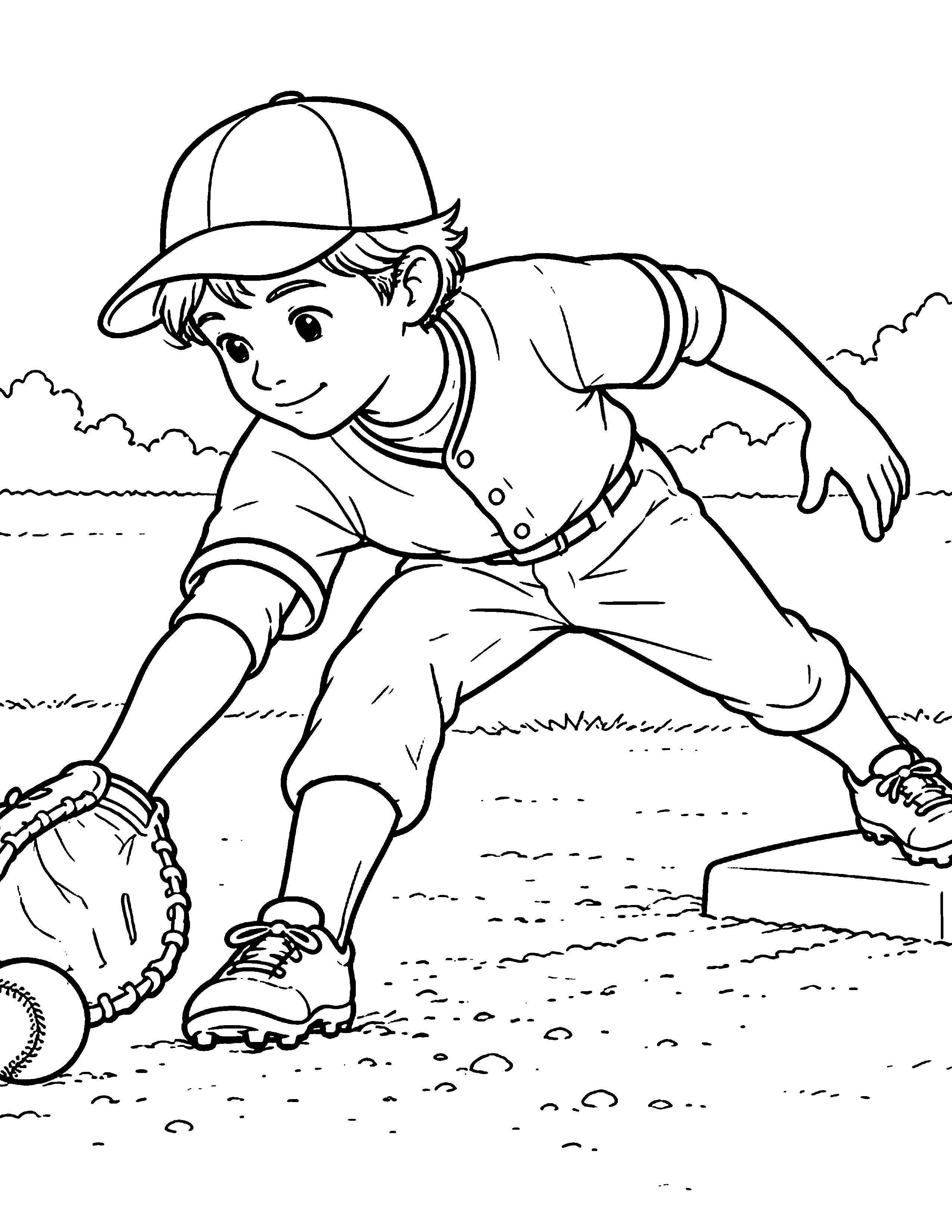 First Baseman Scoop black-and-white baseball coloring page
