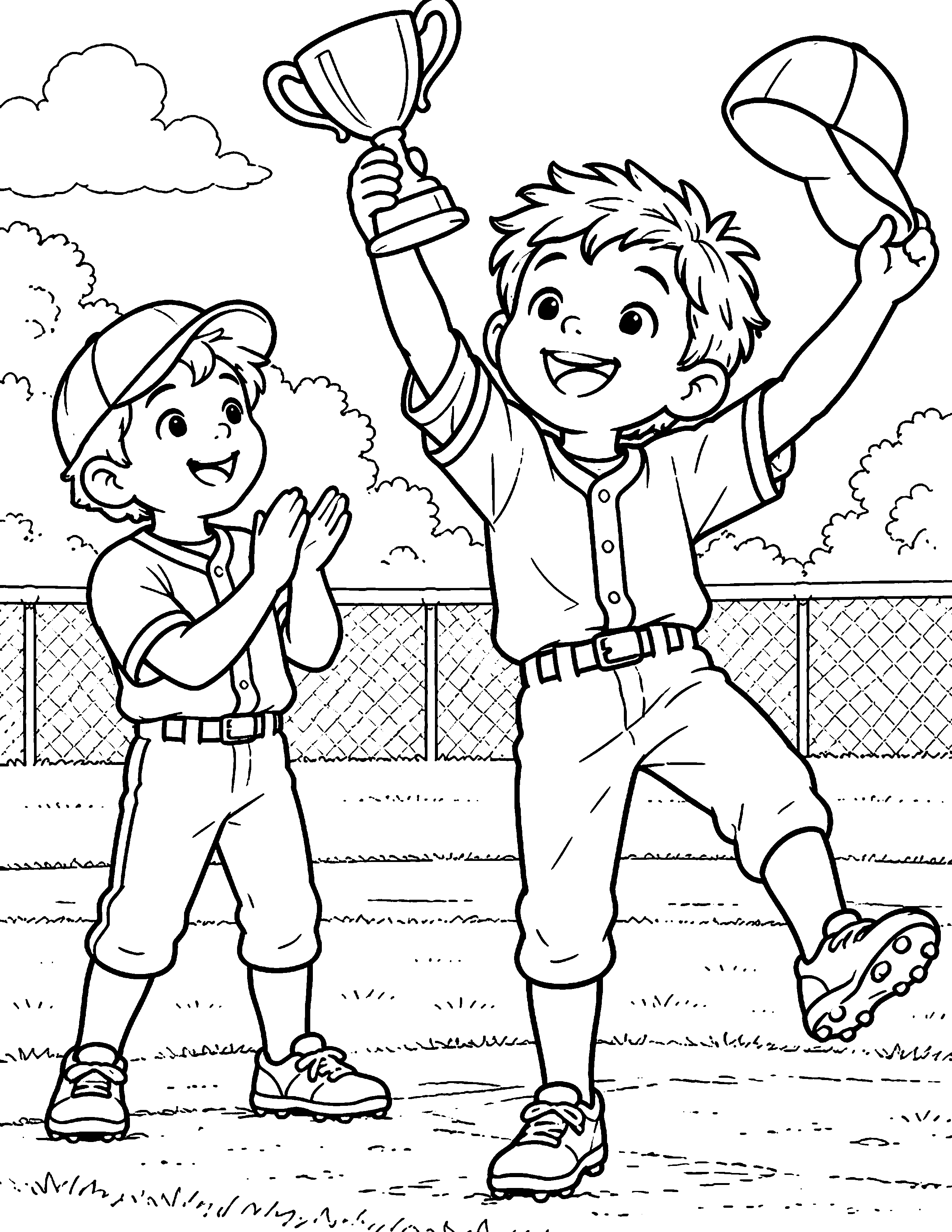 Trophy Celebration black-and-white baseball coloring page