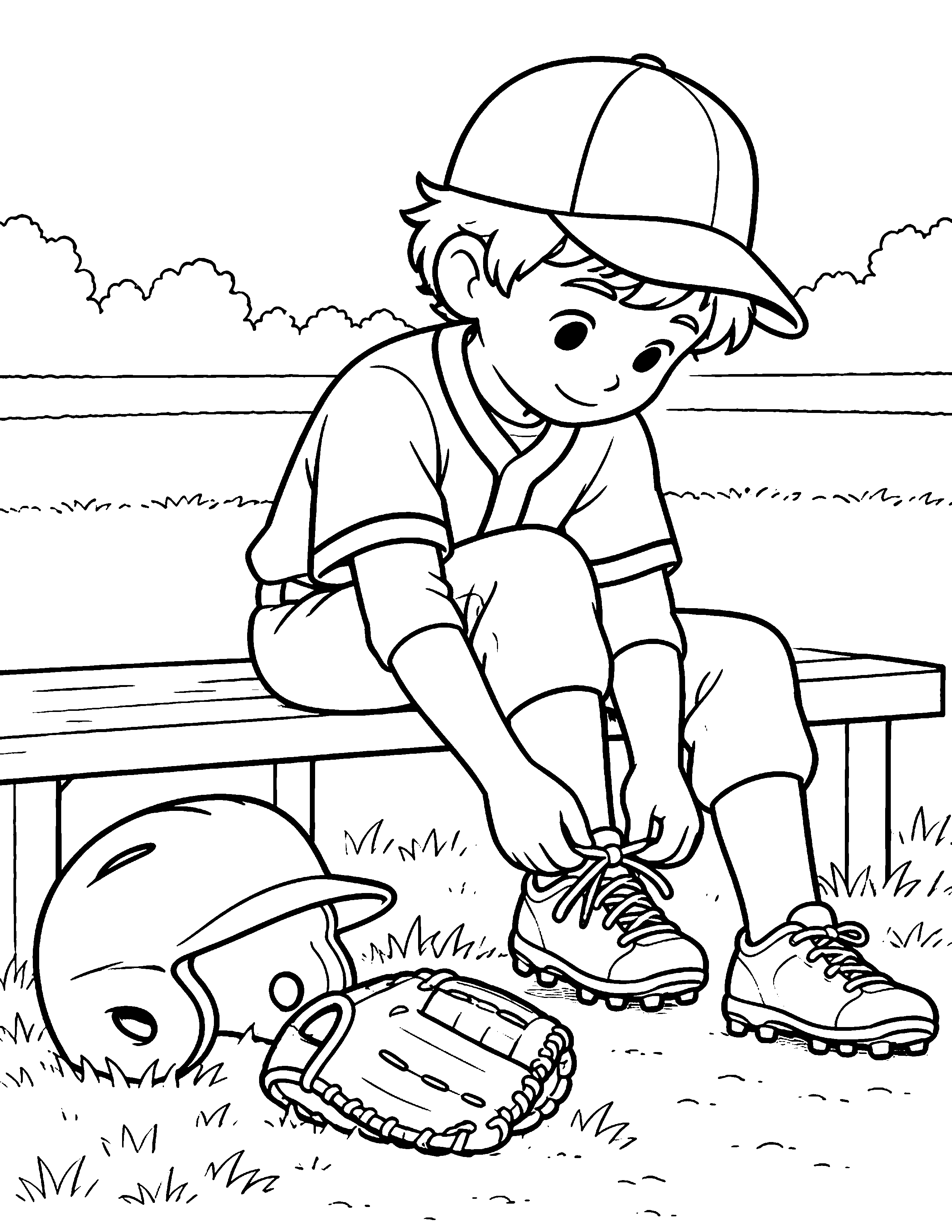 Tying Cleats black-and-white baseball coloring page