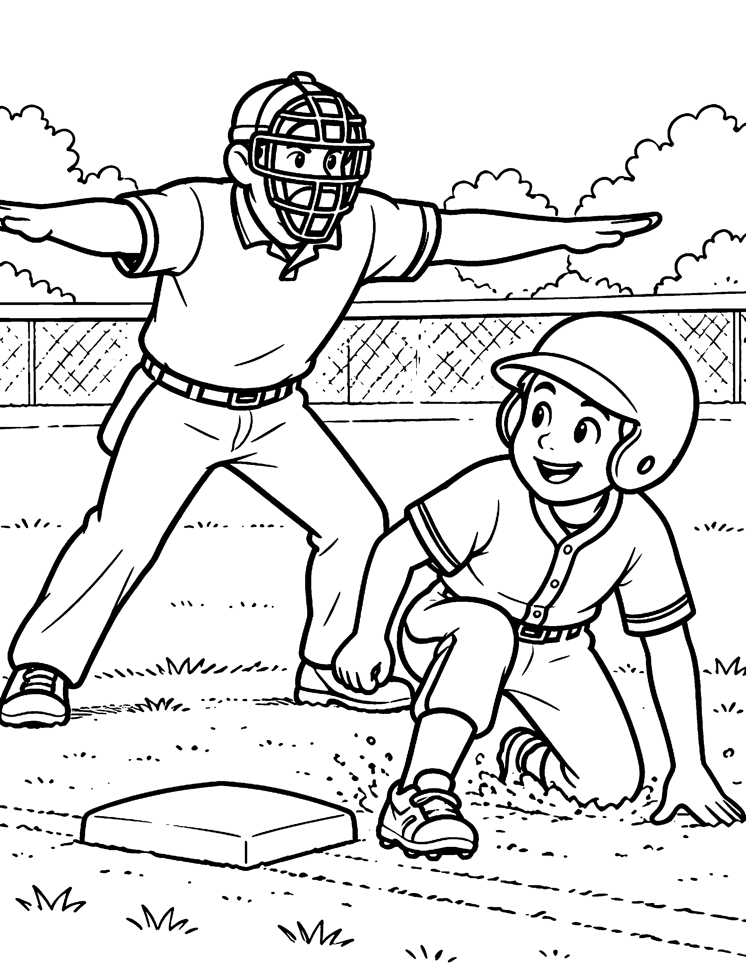 Umpire Safe Call black-and-white baseball coloring page
