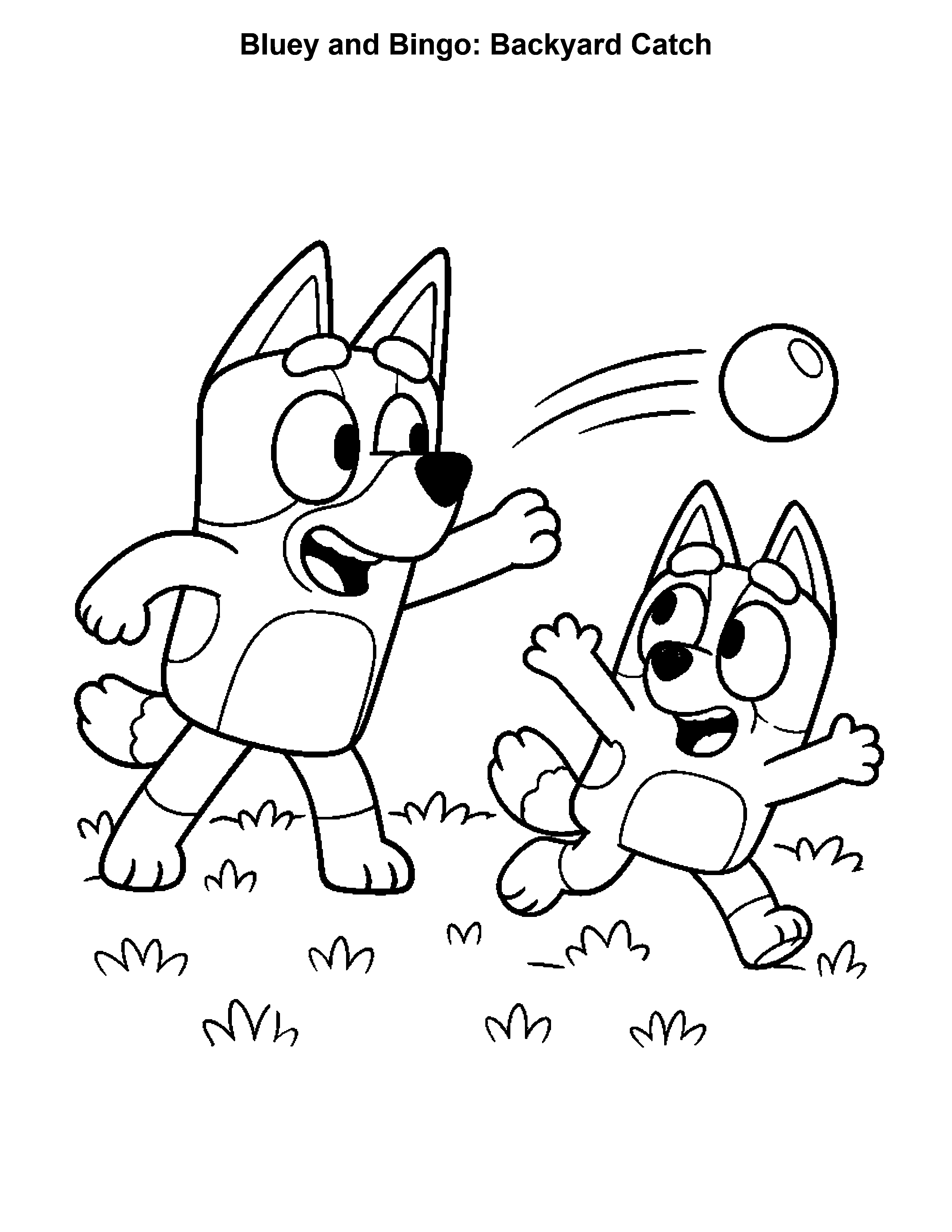 Bluey and Bingo Backyard Catch, black-and-white printable coloring page