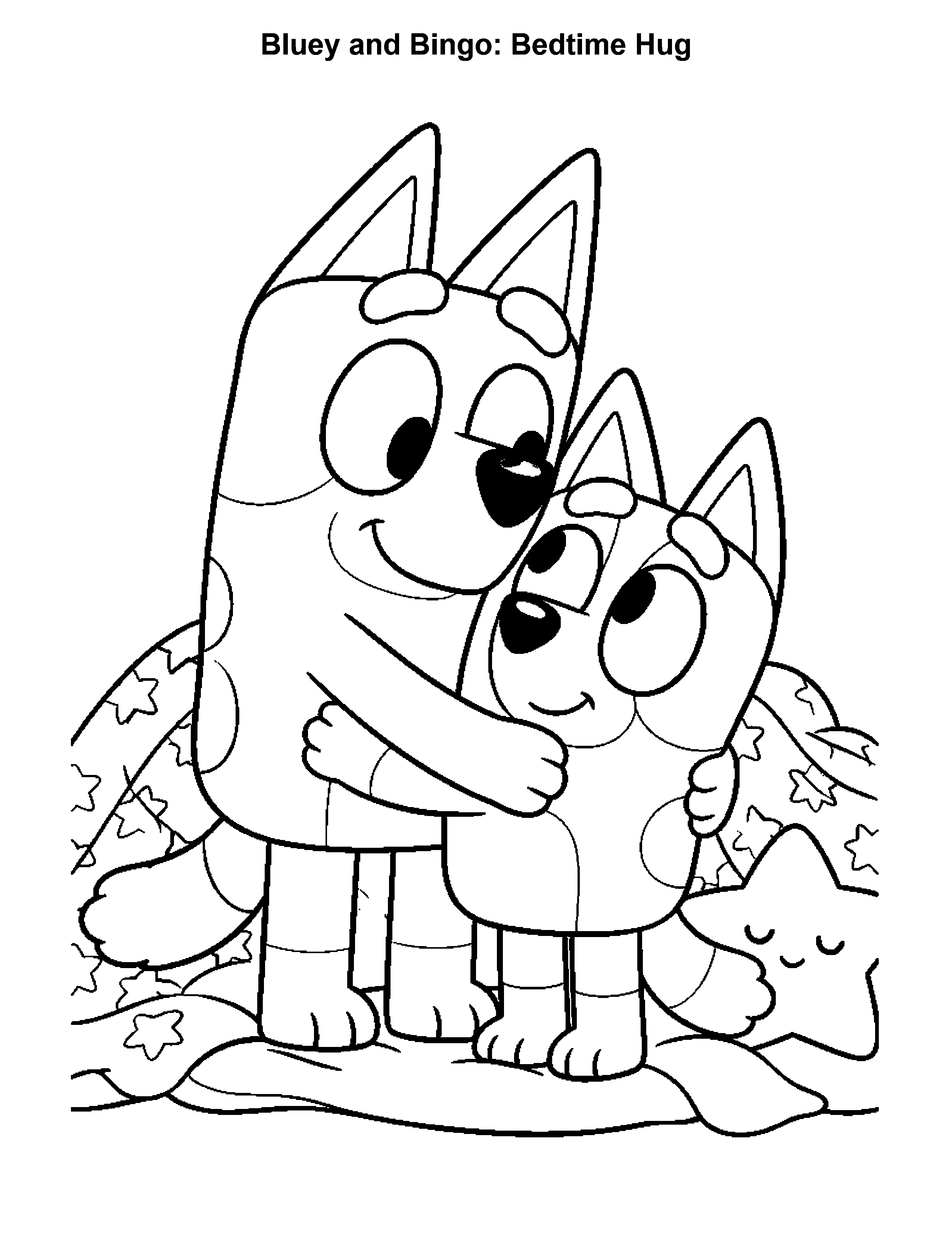 Bluey and Bingo Bedtime Hug, black-and-white printable coloring page