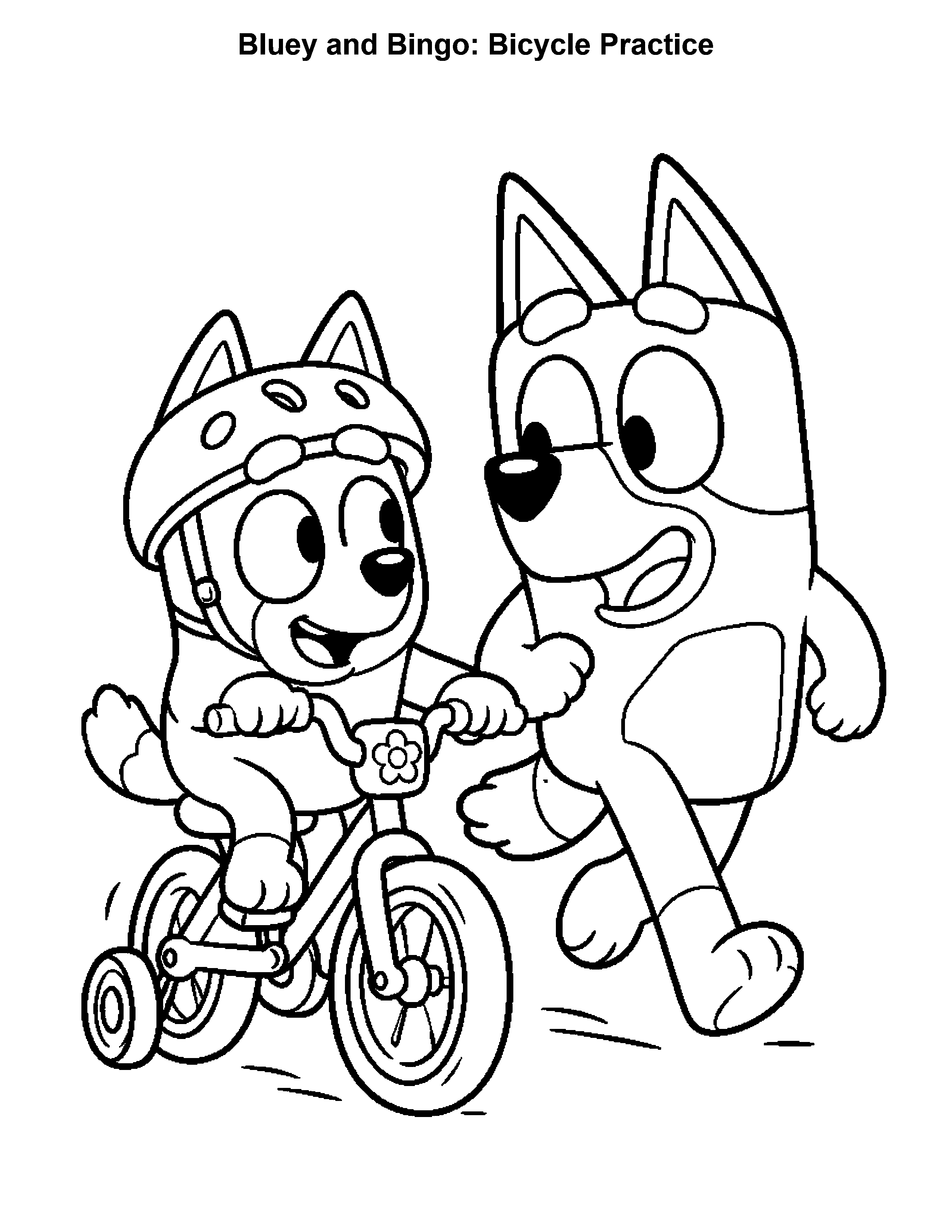 Bluey and Bingo Bicycle Practice, black-and-white printable coloring page