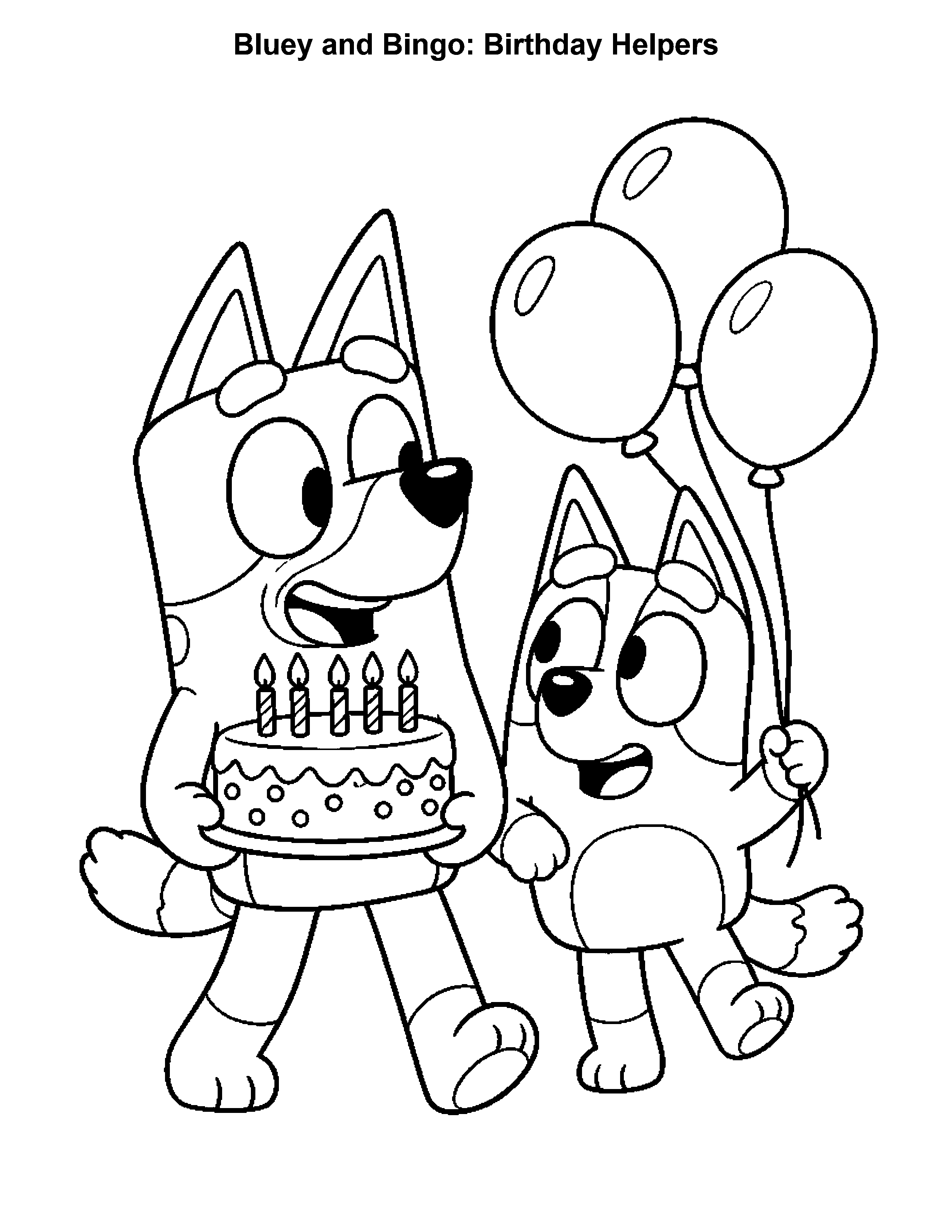 Bluey and Bingo Birthday Helpers, black-and-white printable coloring page