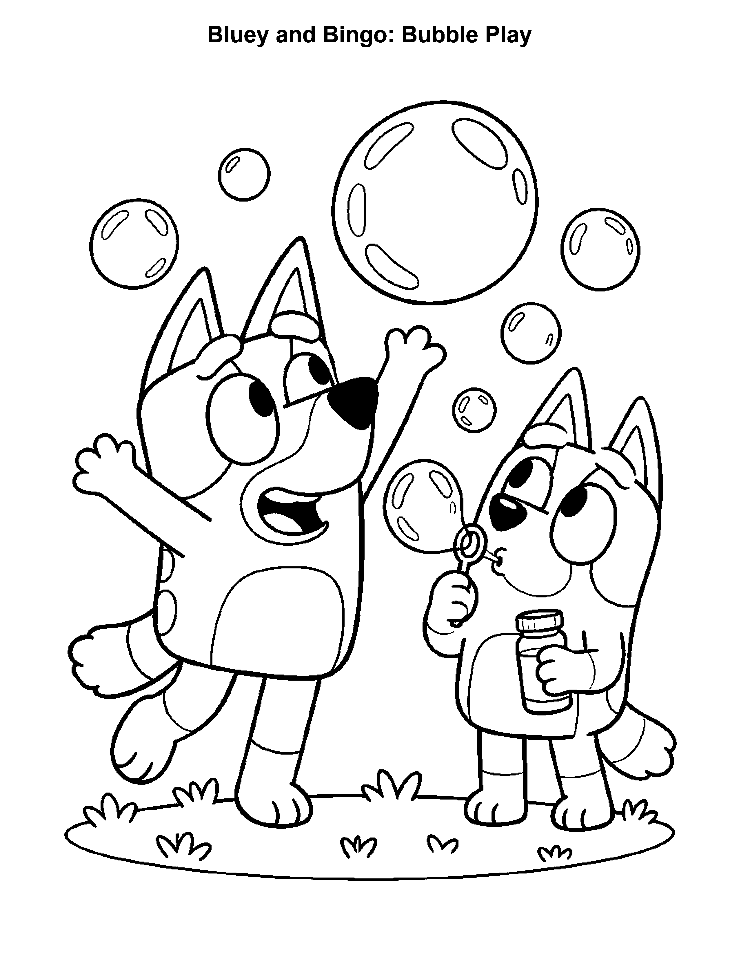 Bluey and Bingo Bubble Play, black-and-white printable coloring page