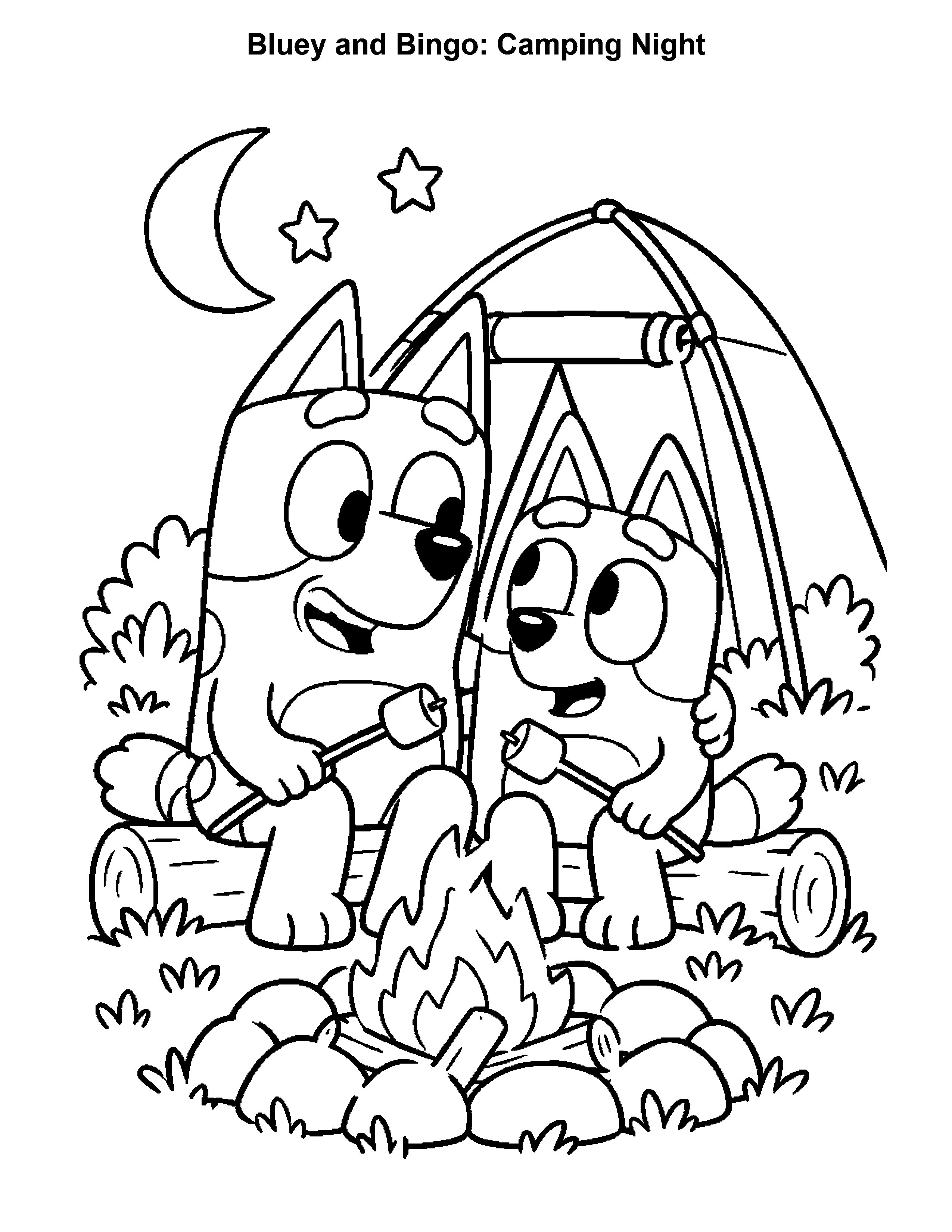 Bluey and Bingo Camping Night, black-and-white printable coloring page