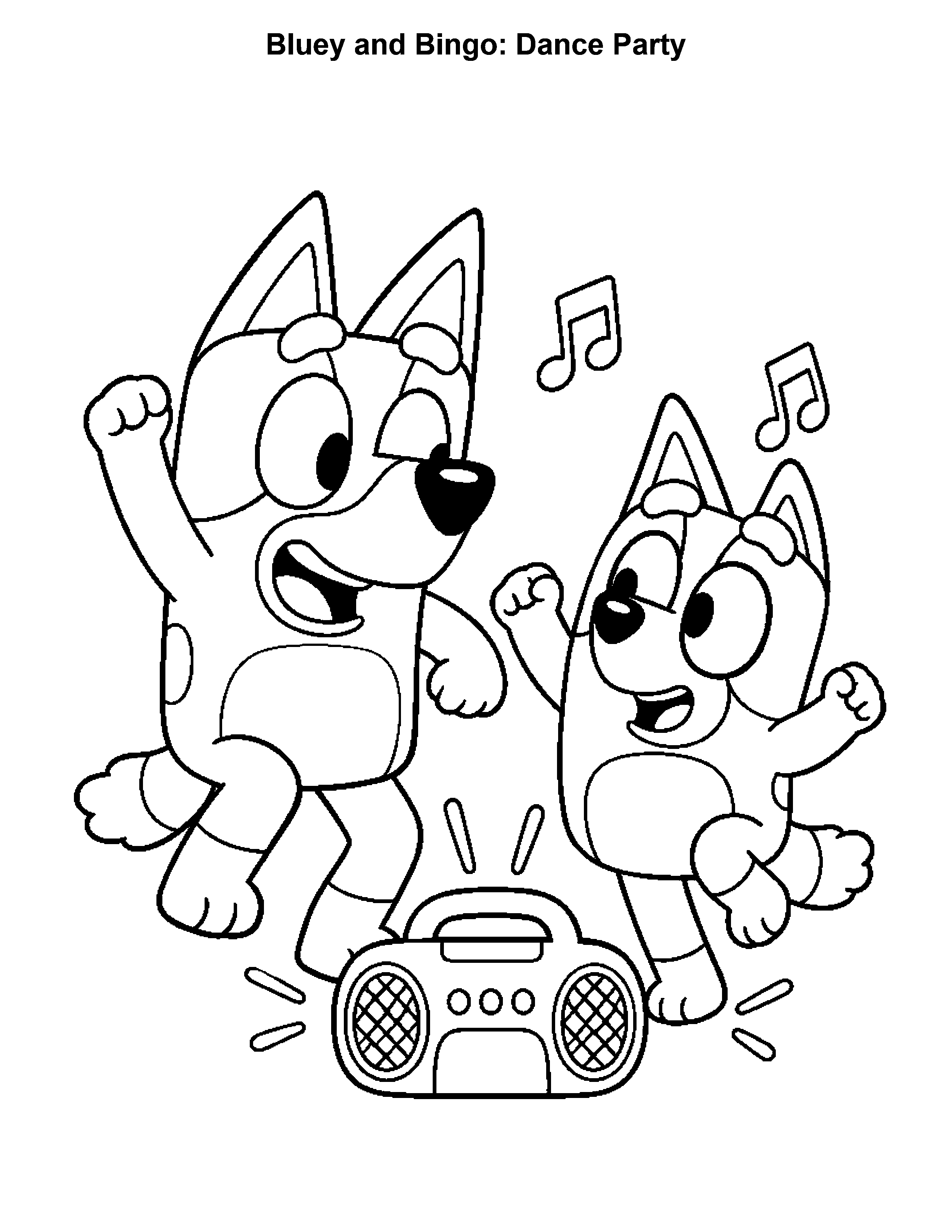 Bluey and Bingo Dance Party, black-and-white printable coloring page