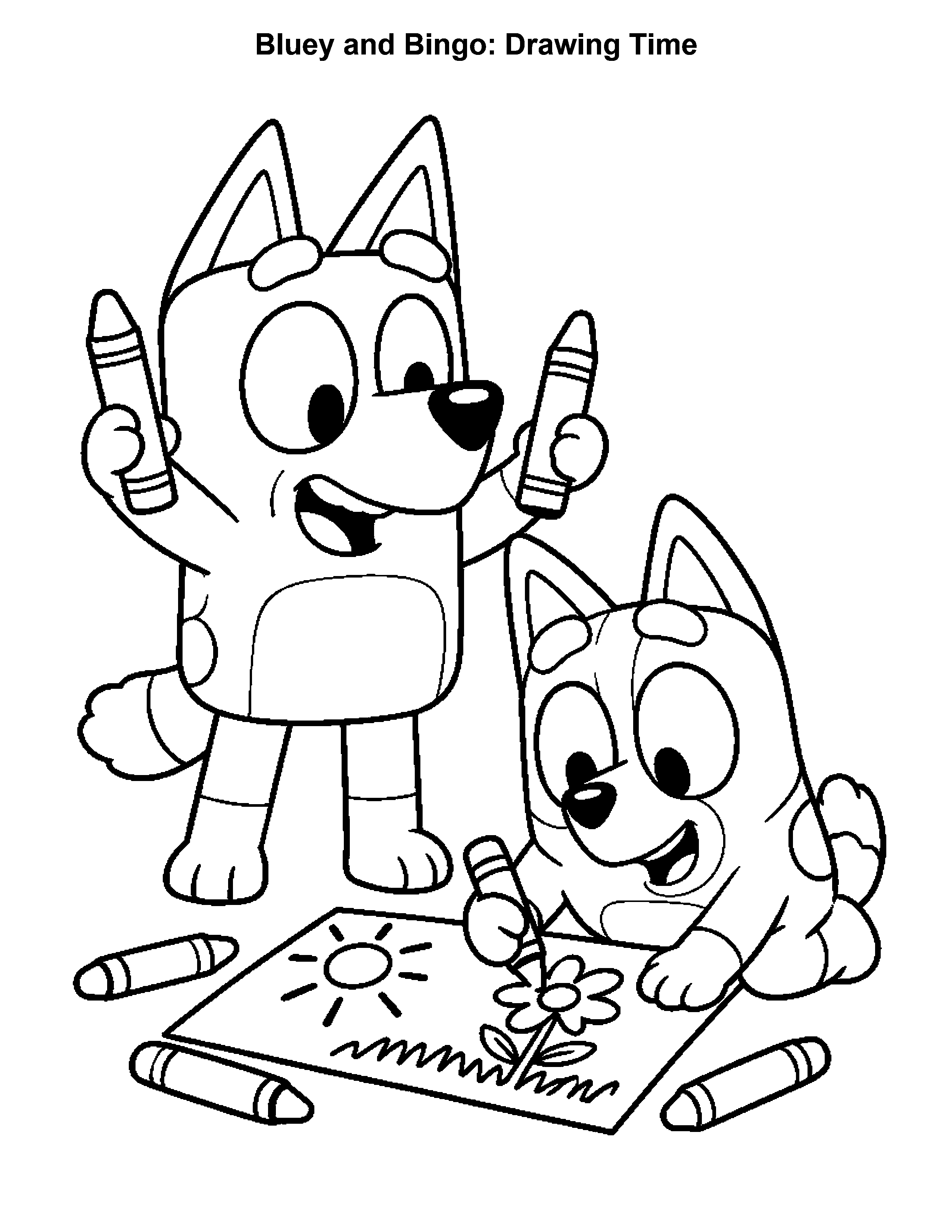 Bluey and Bingo Drawing Time, black-and-white printable coloring page