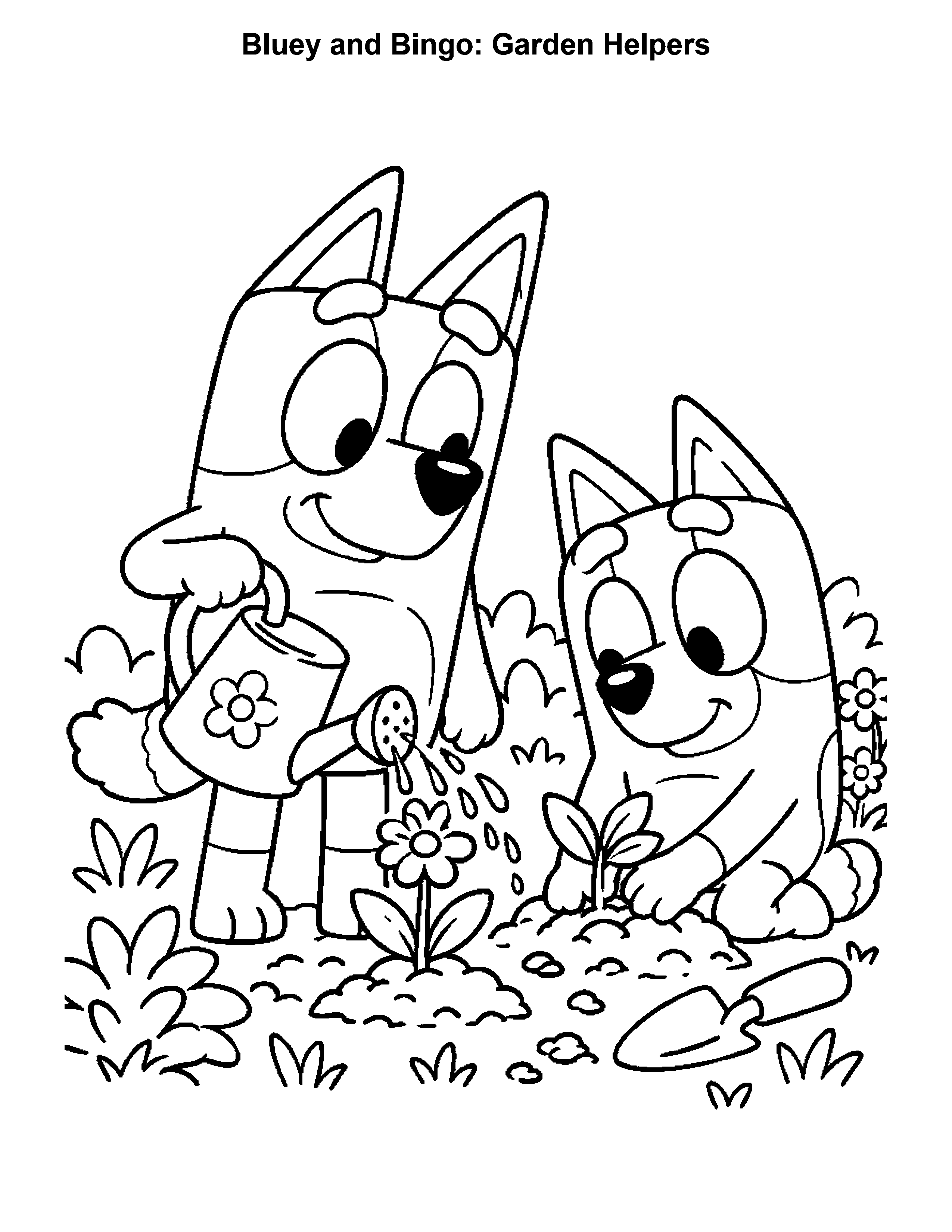 Bluey and Bingo Garden Helpers, black-and-white printable coloring page