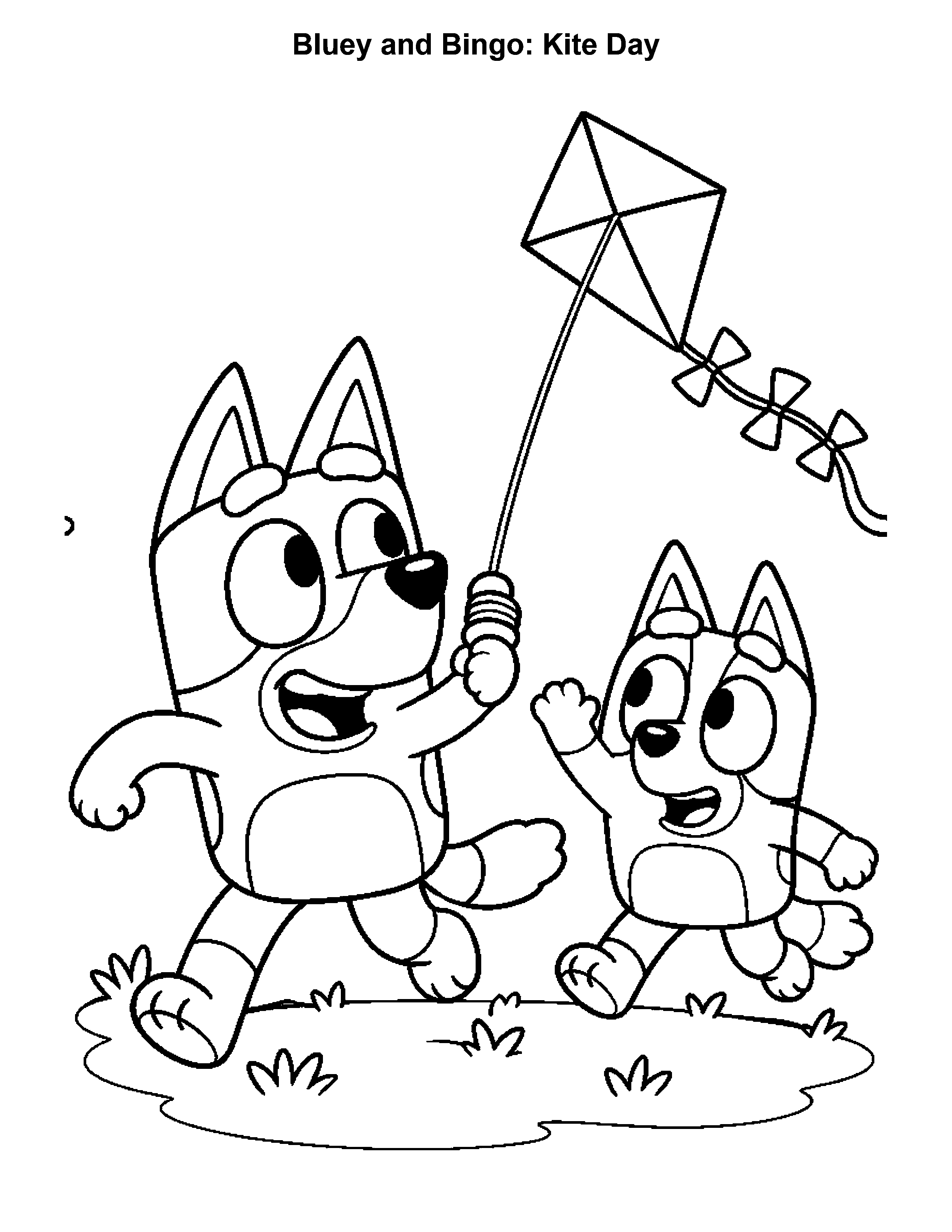 Bluey and Bingo Kite Day, black-and-white printable coloring page