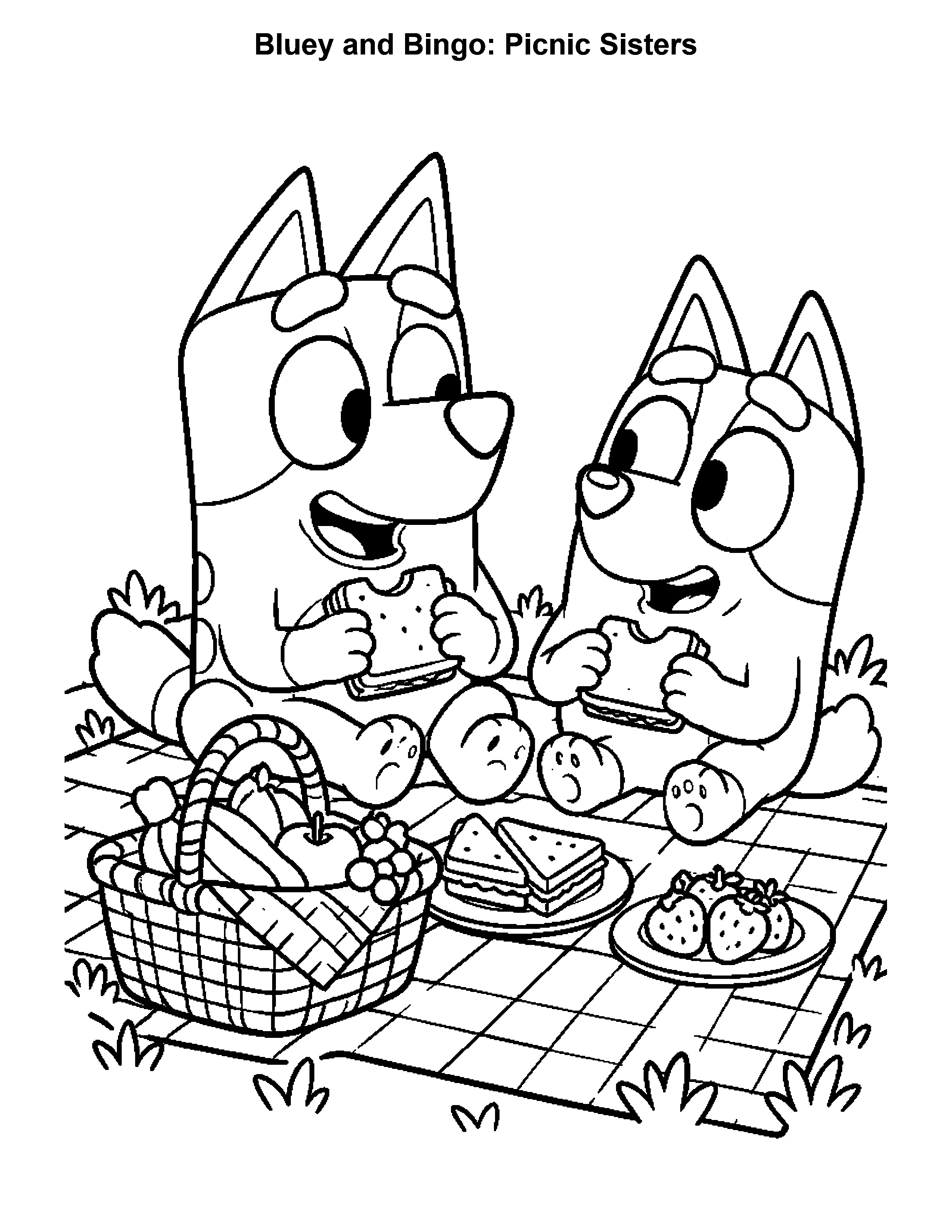 Bluey and Bingo Picnic Sisters, black-and-white printable coloring page