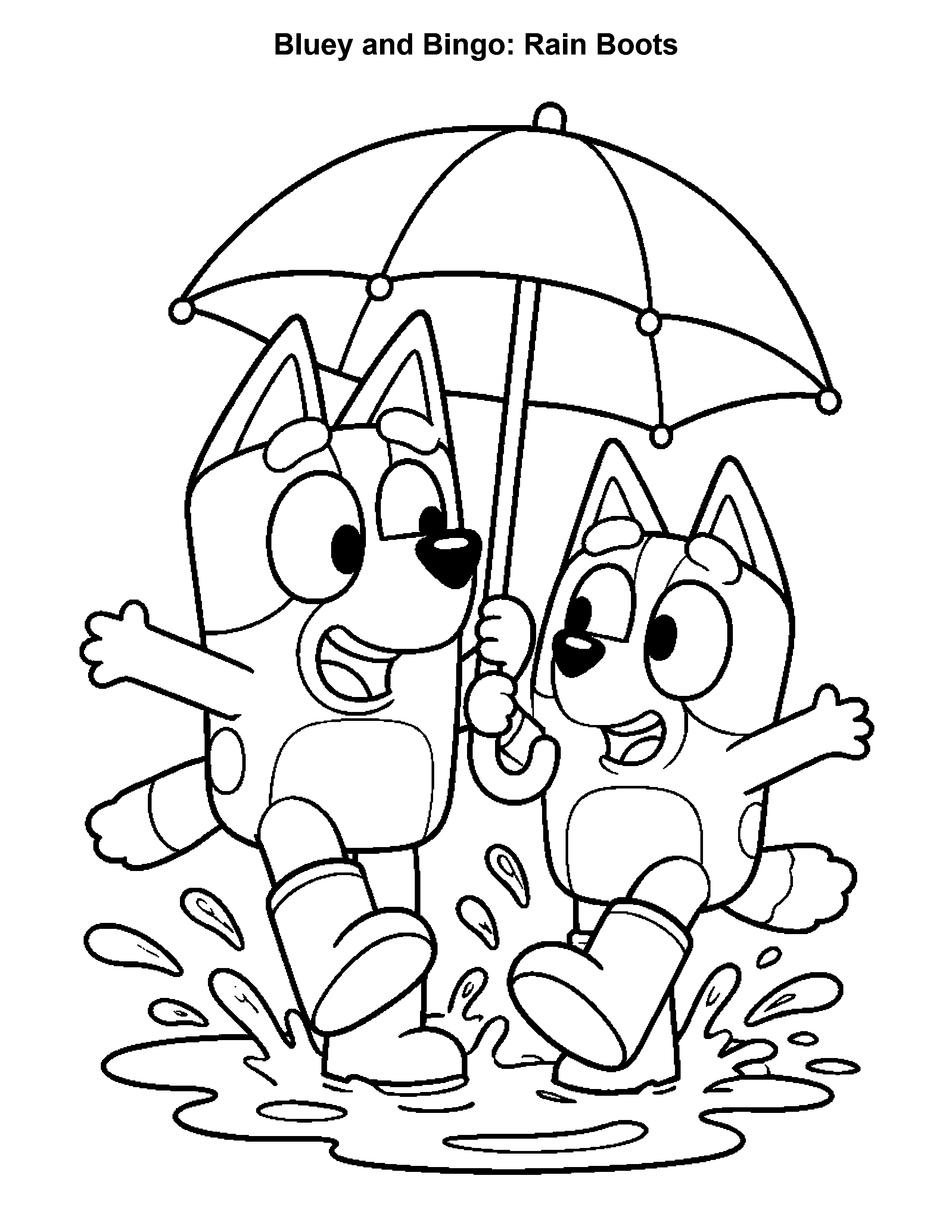 Bluey and Bingo Rain Boots, black-and-white printable coloring page