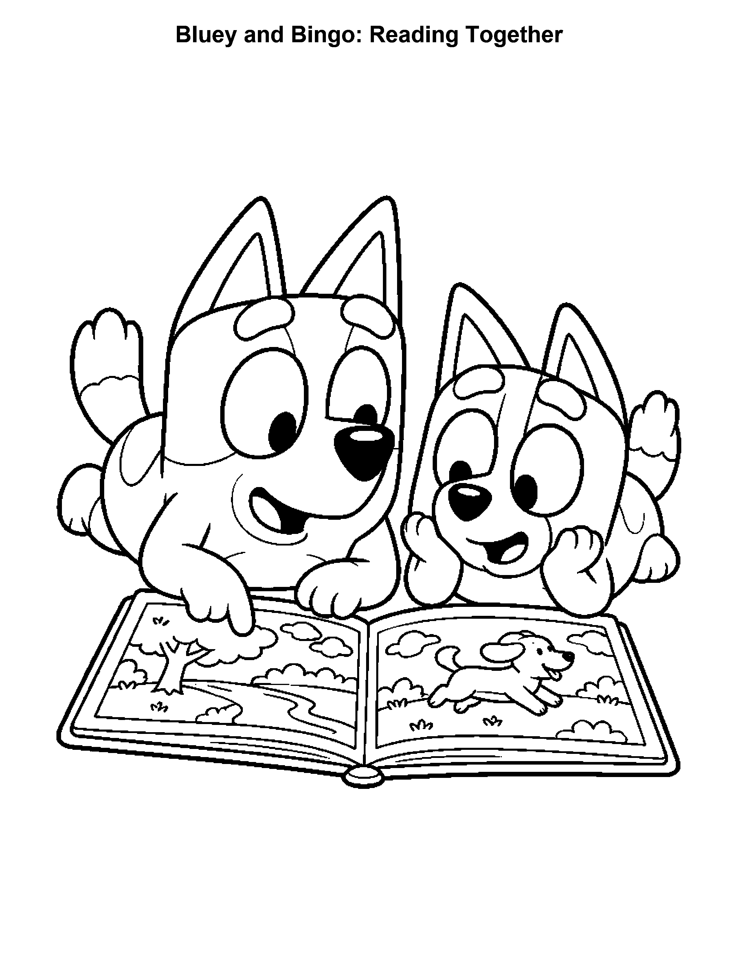 Bluey and Bingo Reading Together, black-and-white printable coloring page