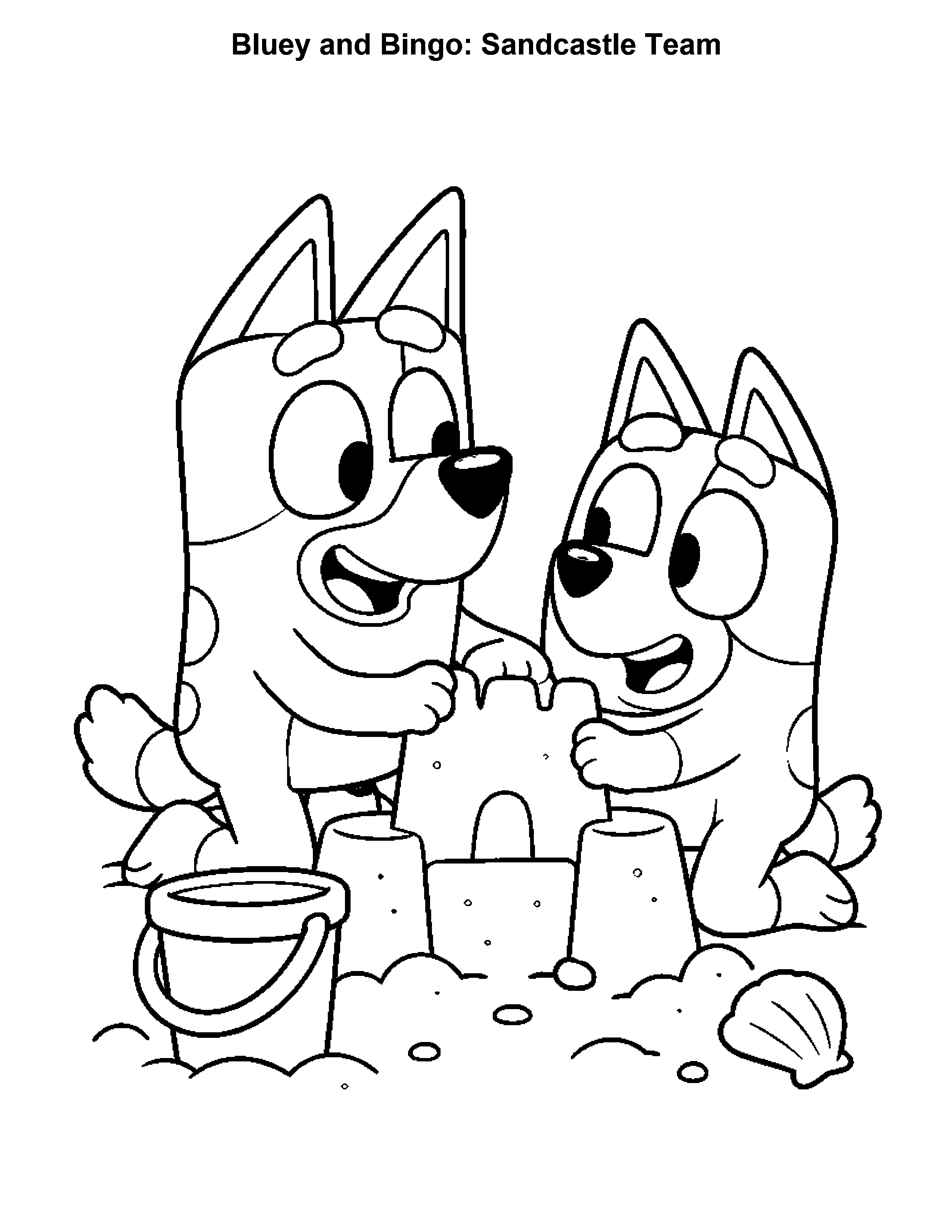 Bluey and Bingo Sandcastle Team, black-and-white printable coloring page