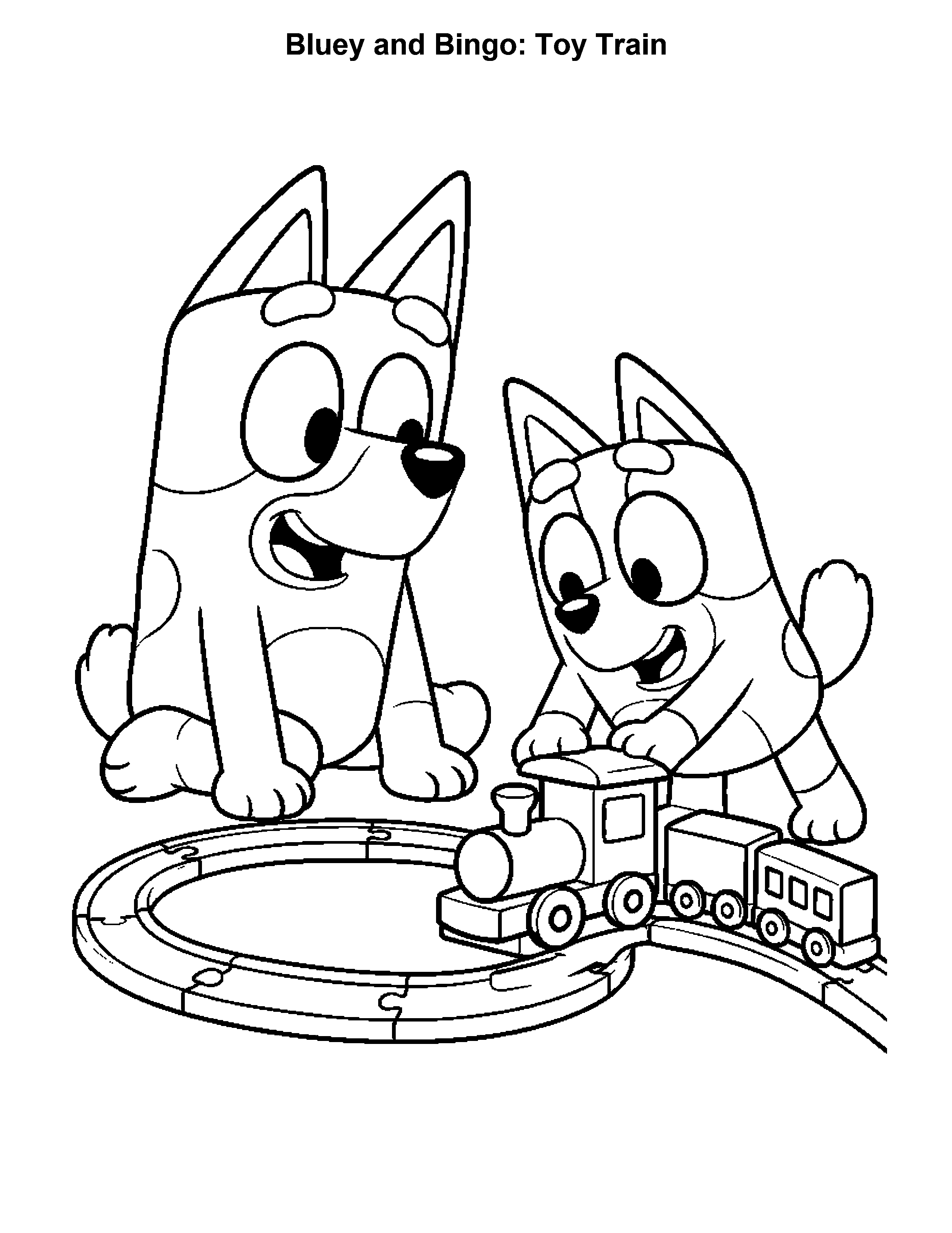 Bluey and Bingo Toy Train, black-and-white printable coloring page