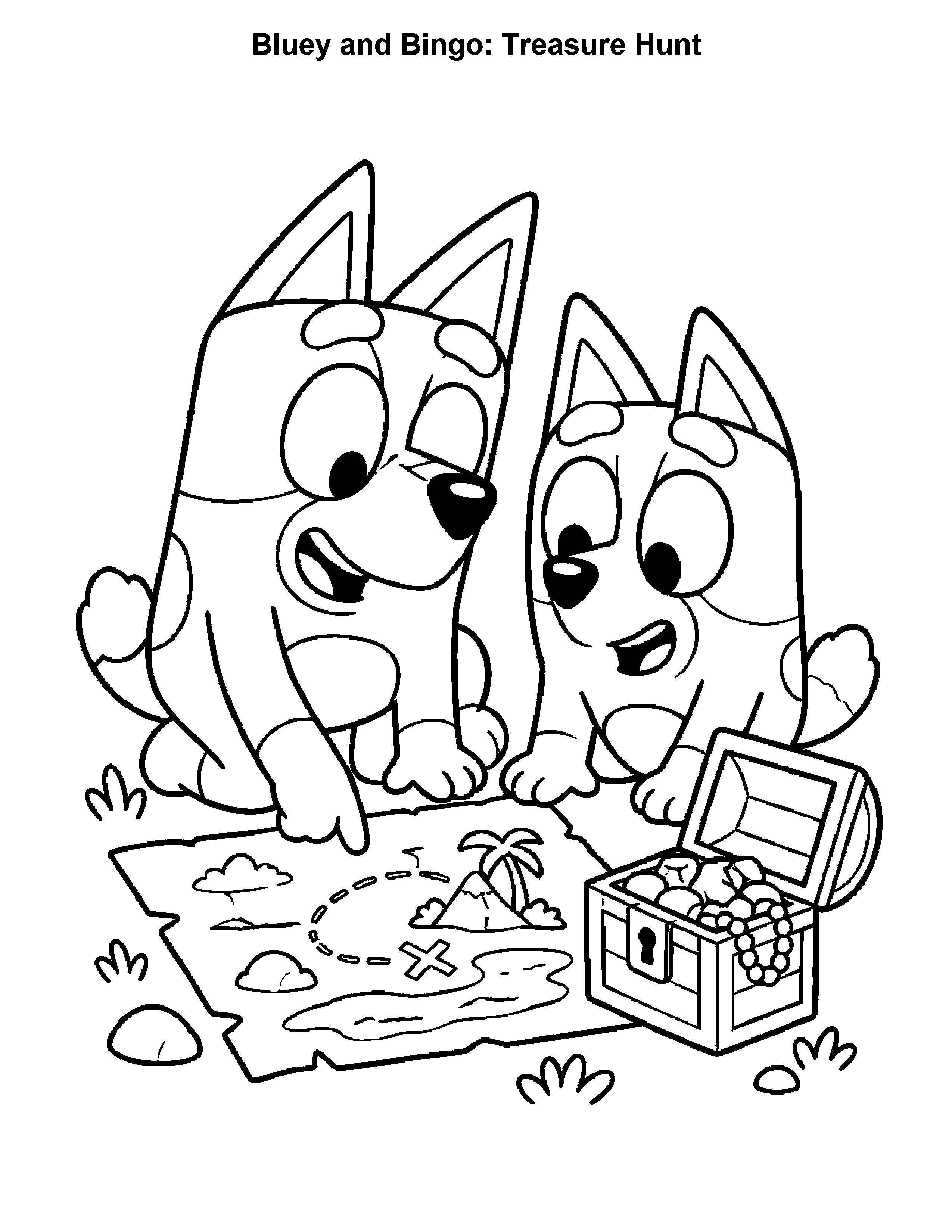 Bluey and Bingo Treasure Hunt, black-and-white printable coloring page