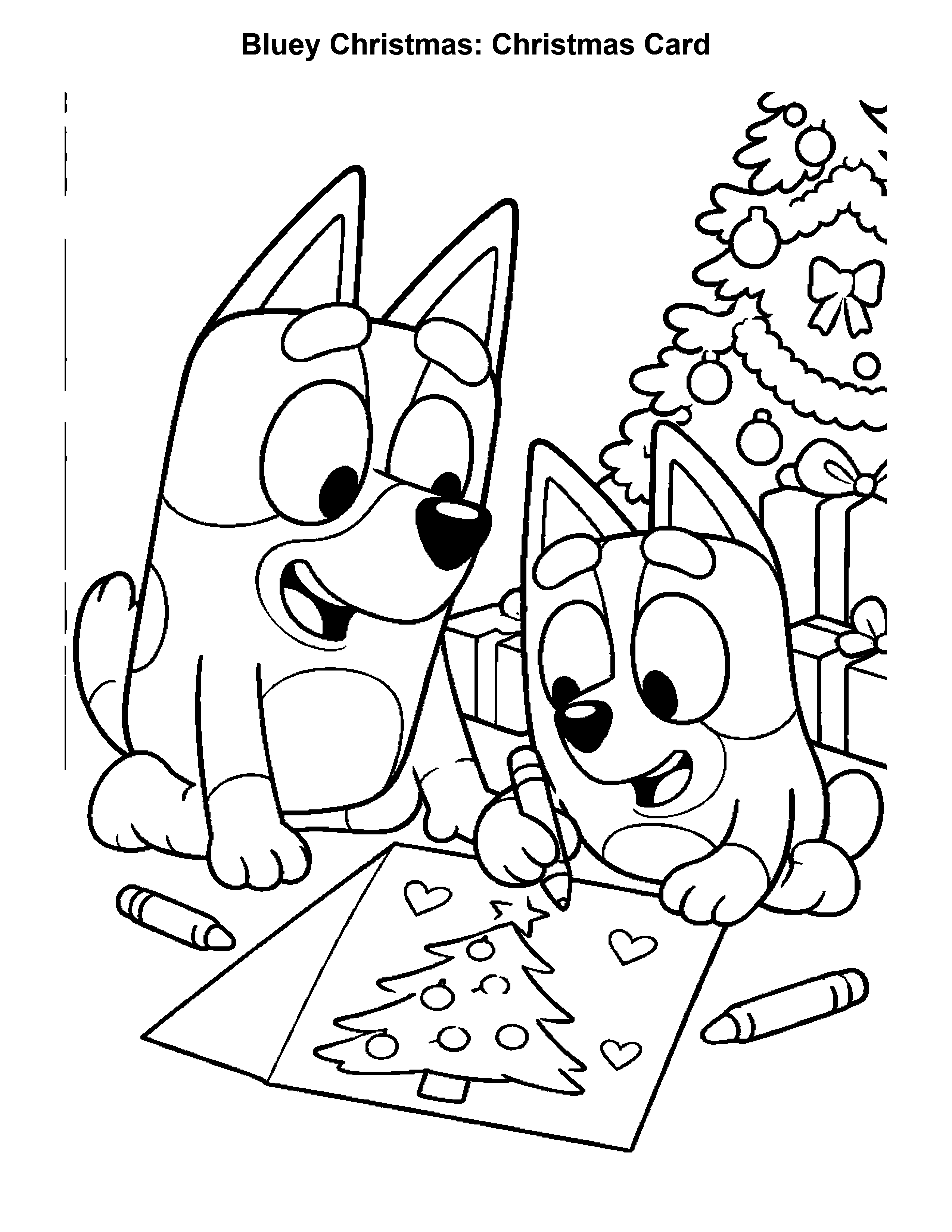 Bluey Christmas Christmas Card, black-and-white printable coloring page