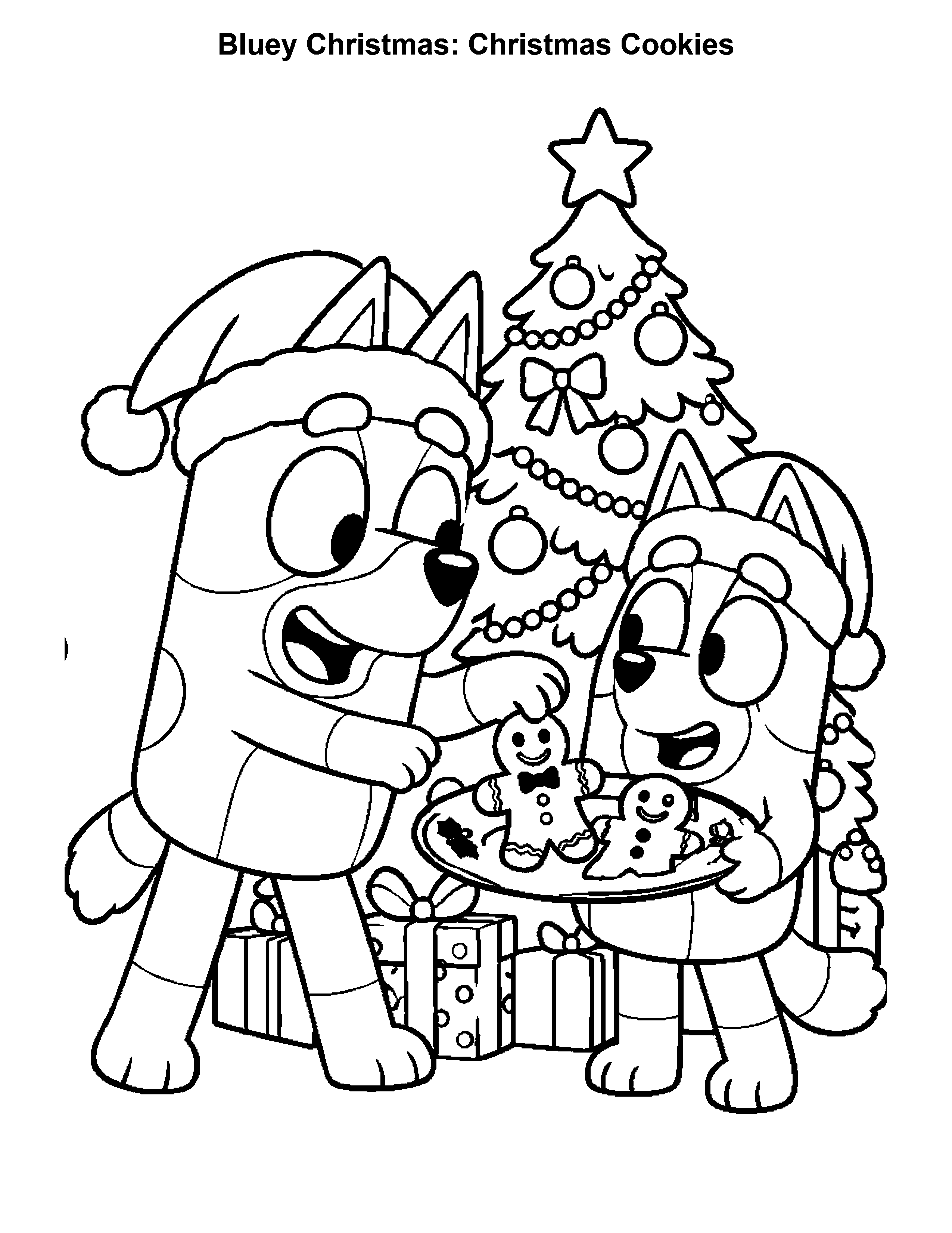 Bluey Christmas Christmas Cookies, black-and-white printable coloring page